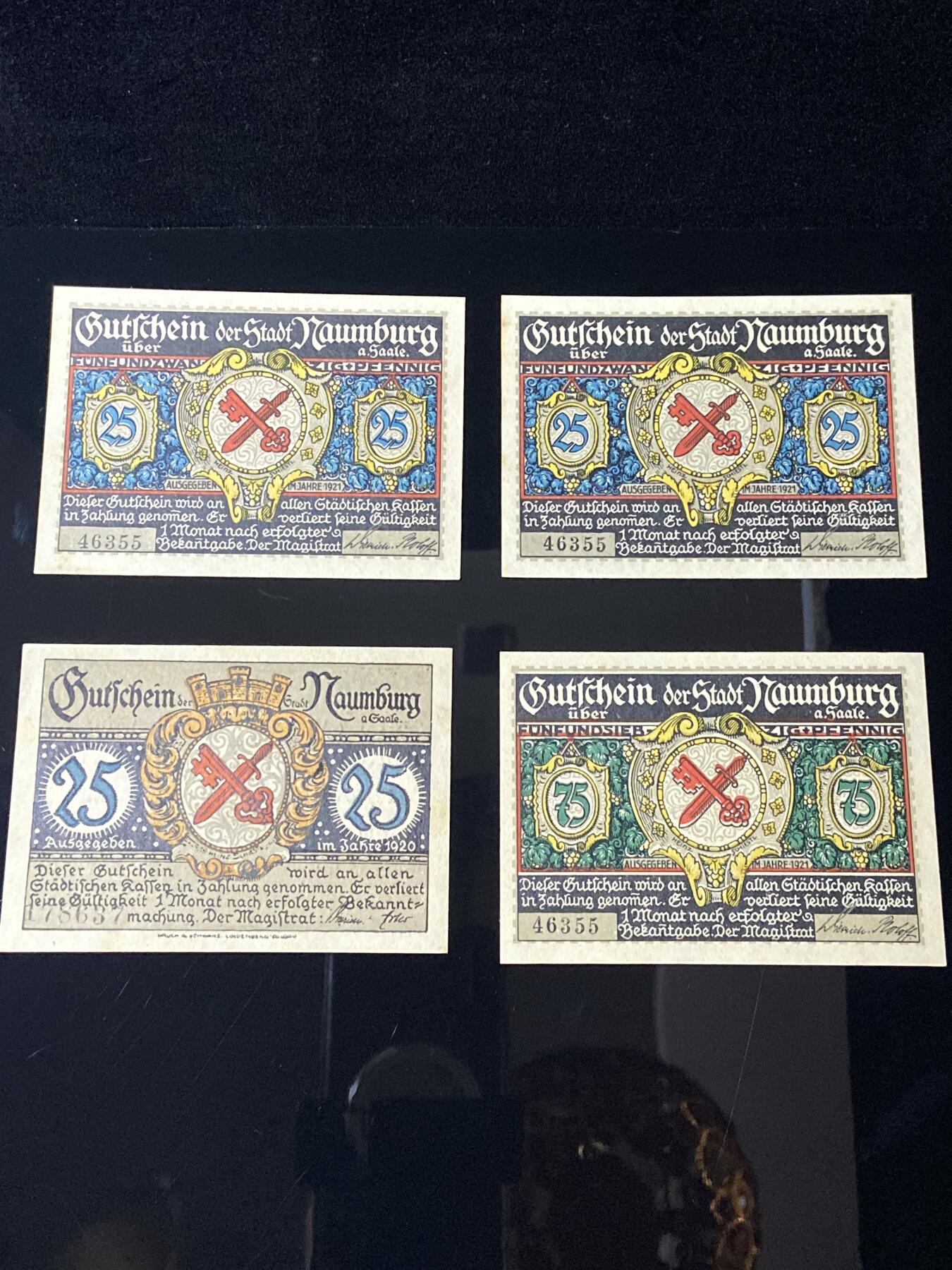 2026年第三十七场(总第二百零六场）德紧纸币特拍场(佣金3%，最低1元) 德紧纸币–德国萨克森-安哈尔特州瑙姆堡市（Stadt Naumburg a. d. Saale）25、75芬妮四枚套票