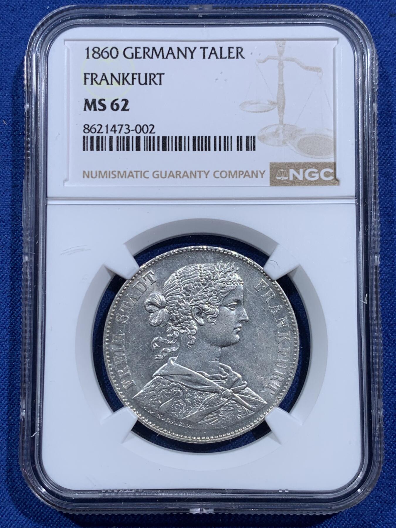 《竞宝斋》第473场 周日，周一 2场连拍 （全场包邮）欢迎送拍 NGC MS62 德国1860年法兰克福少女1泰勒银币，原光好品，非常火热的品种，MS62难度不小。