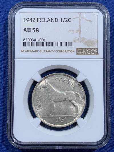 《竞宝斋》第473场 周日，周一 2场连拍 （全场包邮）欢迎送拍 - NGC AU58 爱尔兰1942年半克朗银币 最大面值