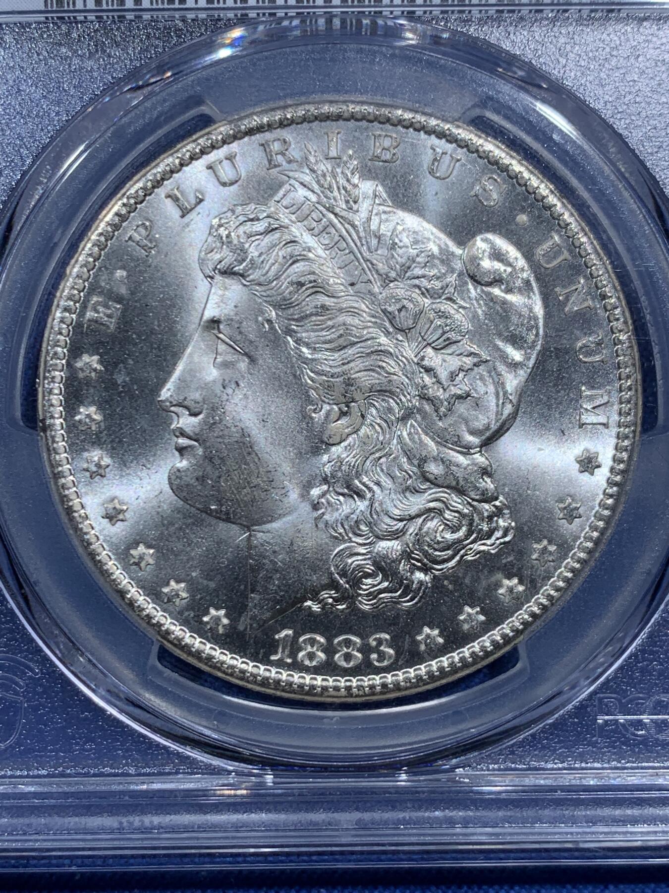 《竞宝斋》第473场 周日，周一 2场连拍 （全场包邮）欢迎送拍 PCGS MS65 美国 1883 CC 摩根银币 稀有卡森厂 车轮转光 类镜面底板