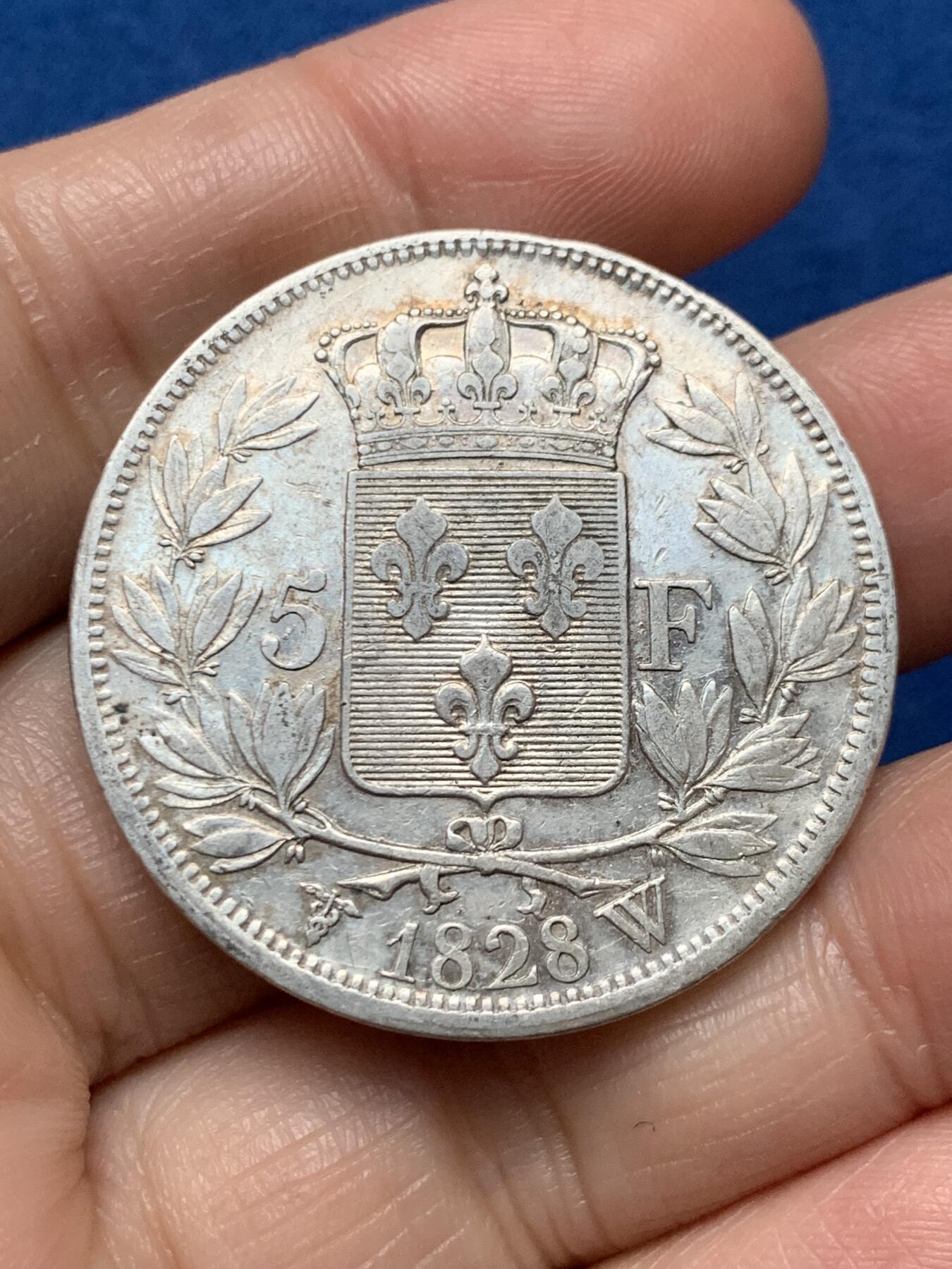 《竞宝斋》第473场 周日，周一 2场连拍 （全场包邮）欢迎送拍 法国1828年W版查理十世5法郎大银币，里尔造币厂