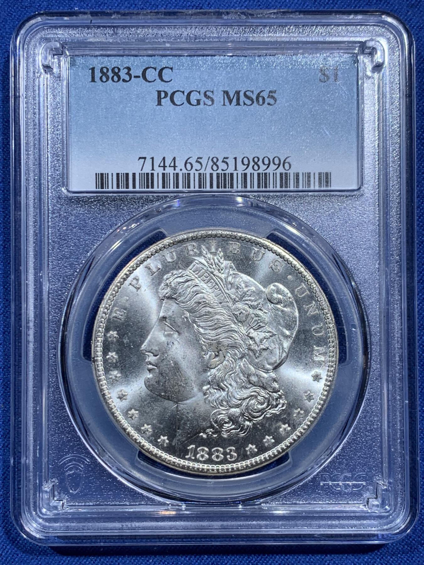 《竞宝斋》第473场 周日，周一 2场连拍 （全场包邮）欢迎送拍 PCGS MS65 美国 1883 CC 摩根银币 稀有卡森厂 车轮转光 类镜面底板