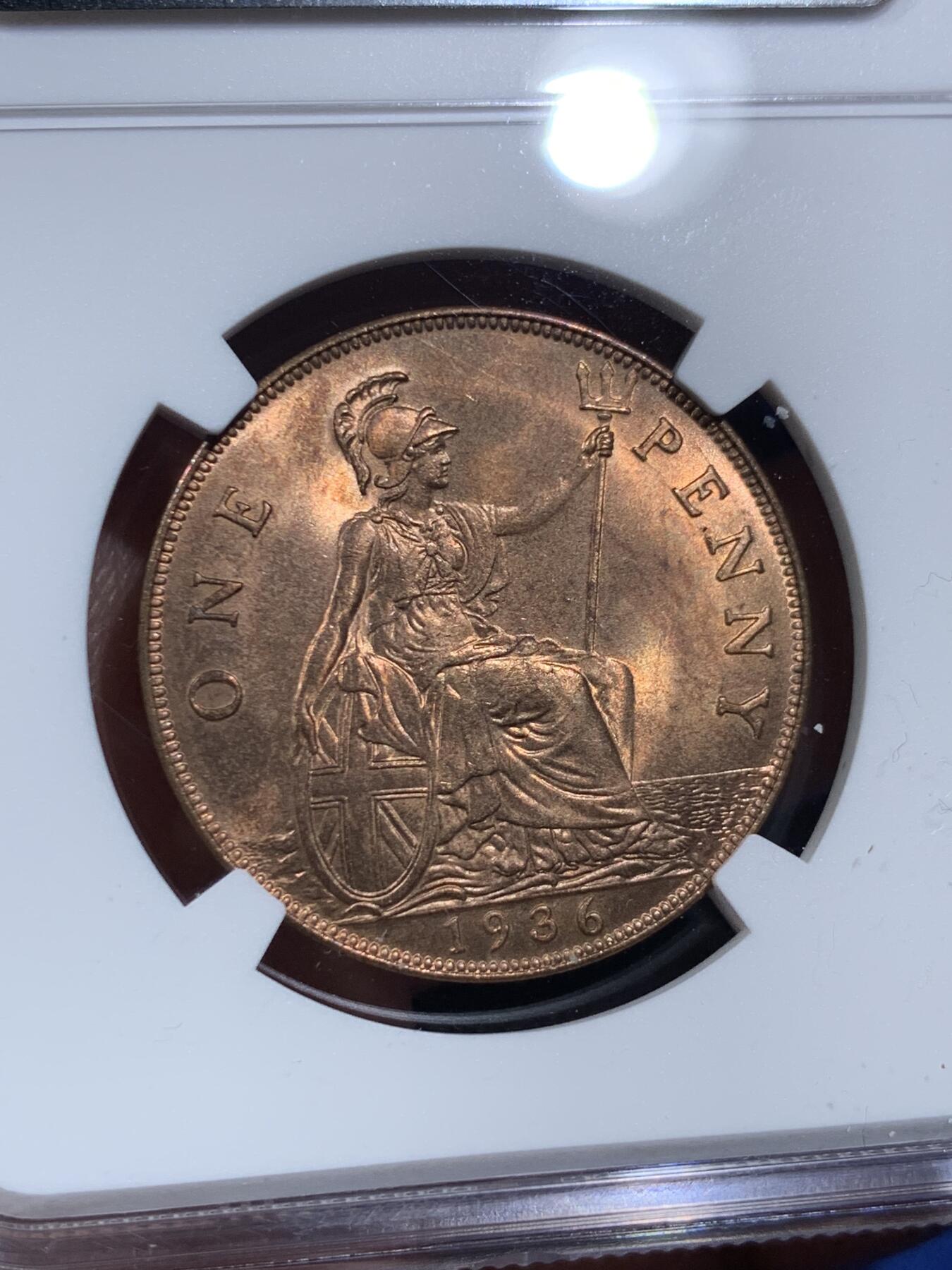 《竞宝斋》第473场 周日，周一 2场连拍 （全场包邮）欢迎送拍 NGC MS64RB 英国1936乔五1便士铜币 英系经典品种 背面为不列颠女神形象 细节光度都不错