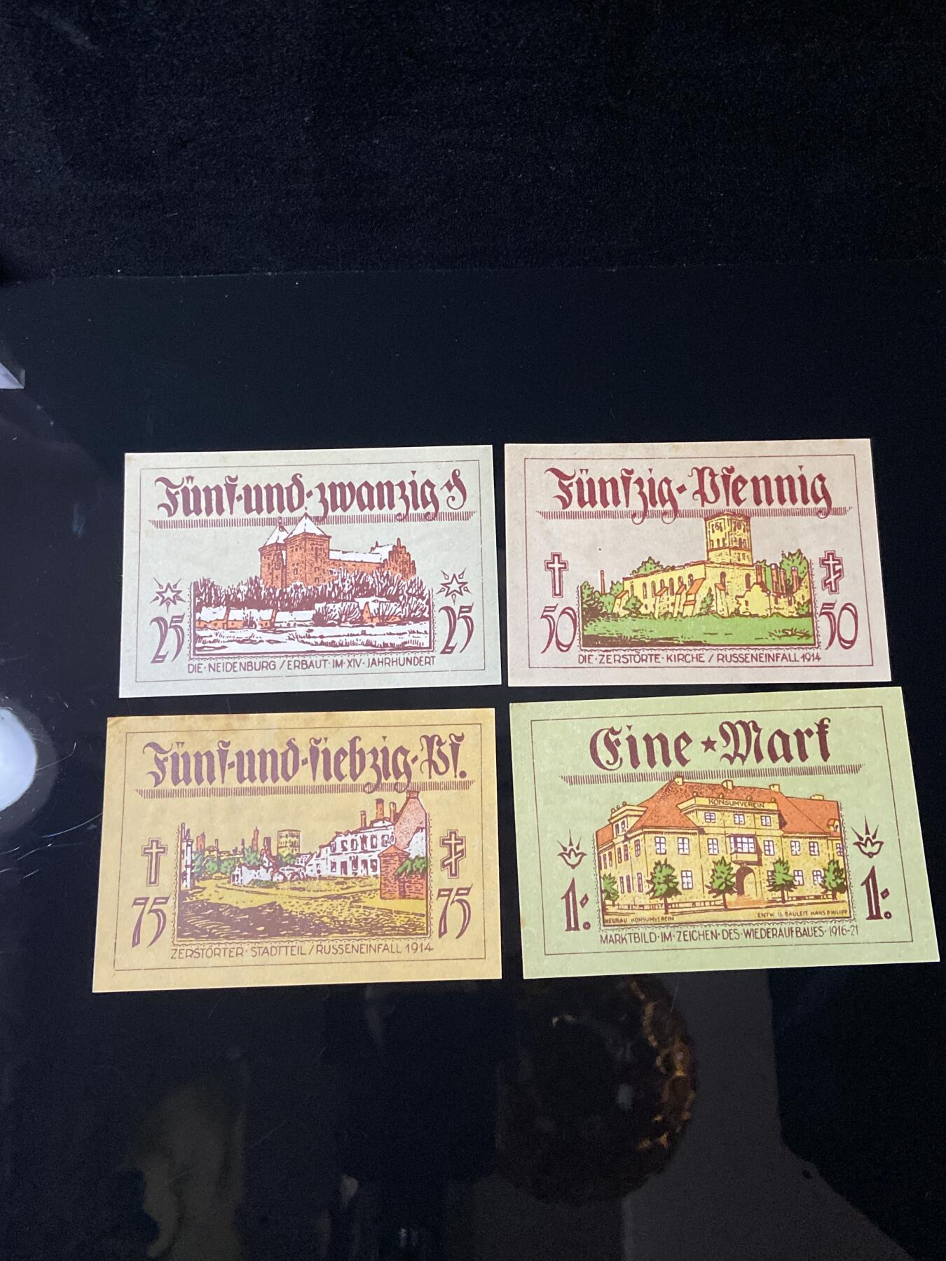 2026年第三十七场(总第二百零六场）德紧纸币特拍场(佣金3%，最低1元) 德紧纸币–德国东普鲁士内登堡市（Neidenburg，现波兰尼斯堡）25、50、75芬妮，1马克四枚套票