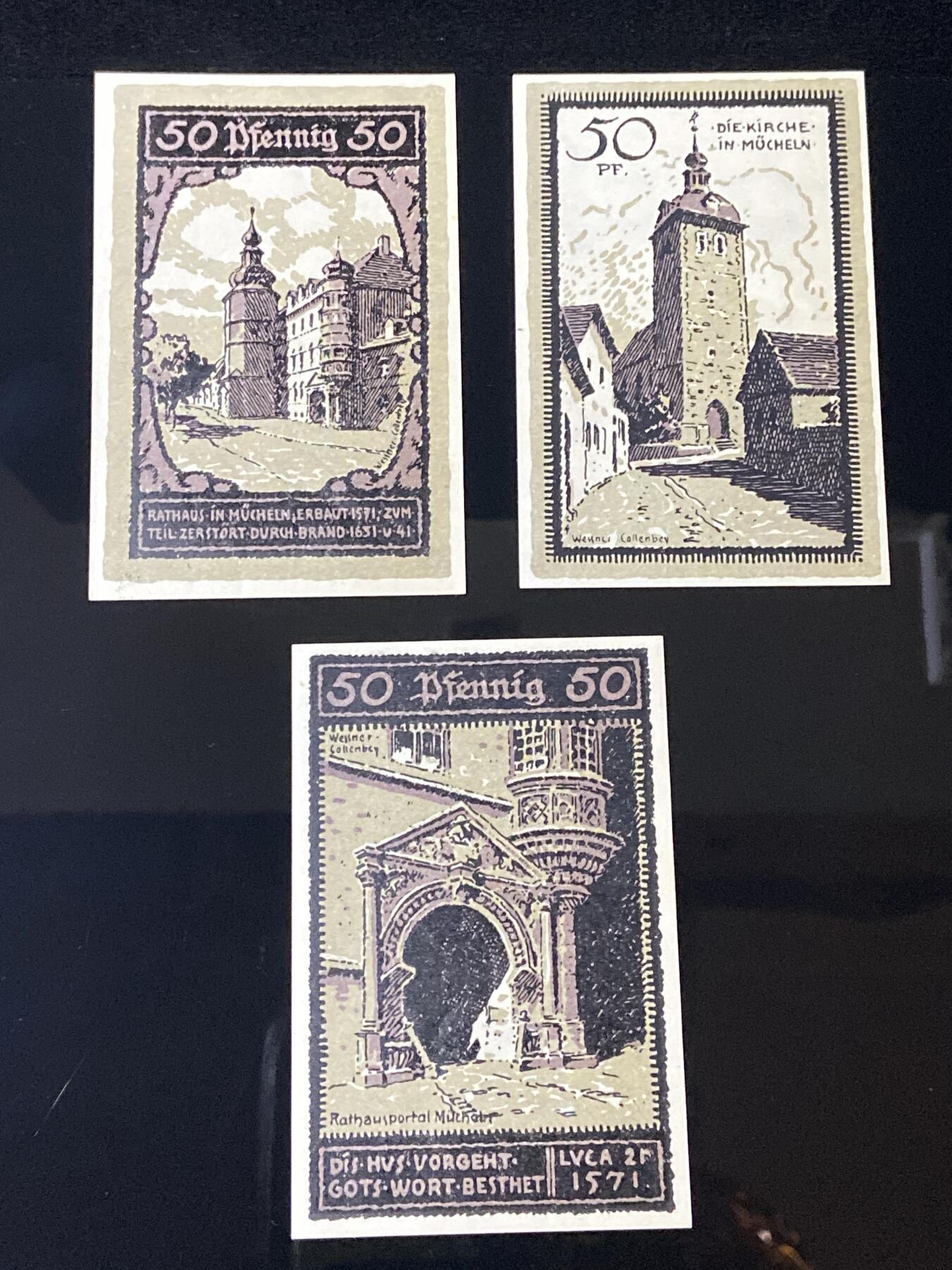 2026年第三十七场(总第二百零六场）德紧纸币特拍场(佣金3%，最低1元) 德紧纸币–德国萨克森-安哈尔特州米歇恩市（Stadt Mücheln）50芬妮三枚套票