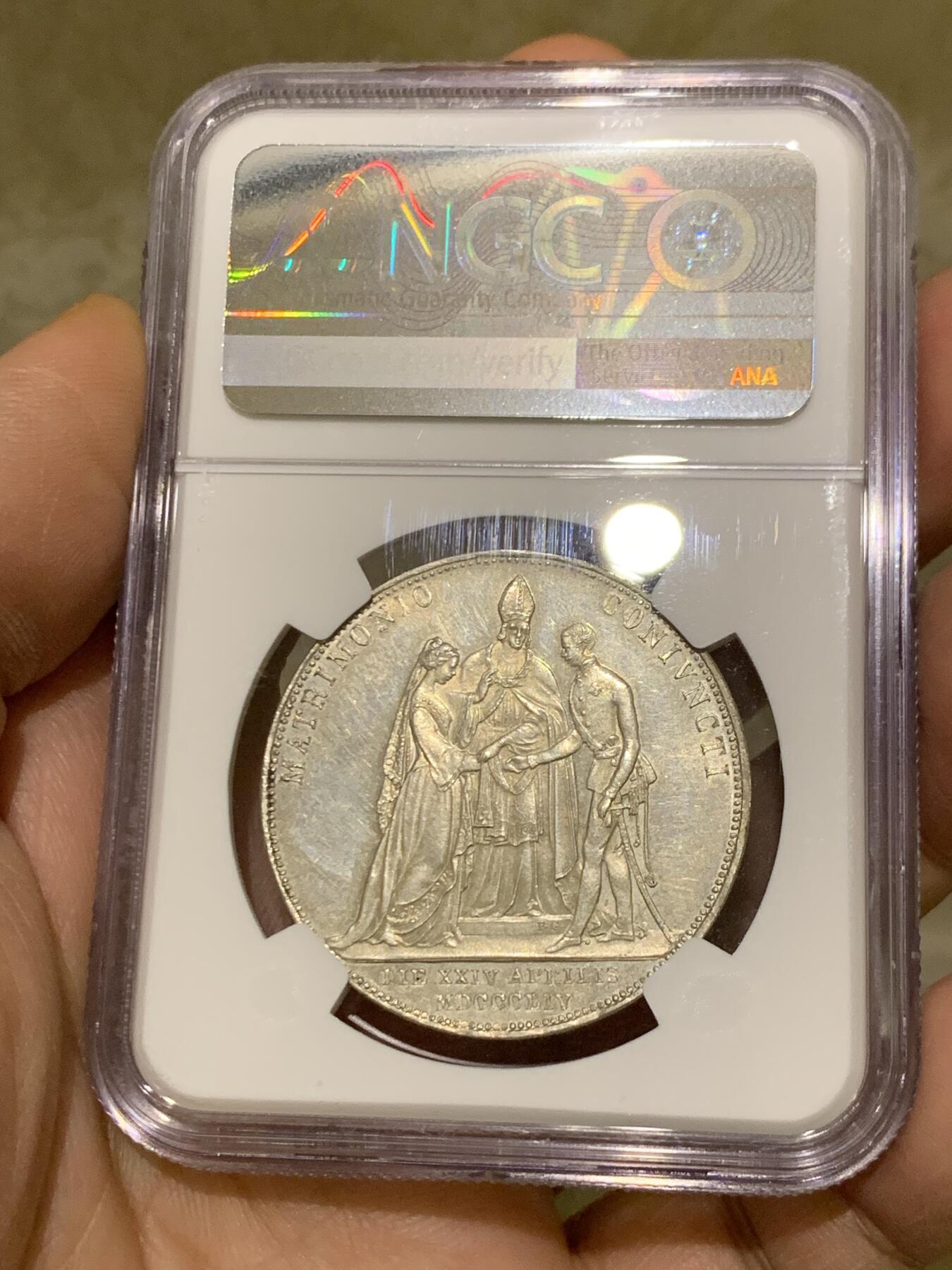 《竞宝斋》第473场 周日，周一 2场连拍 （全场包邮）欢迎送拍 NGC-MS62 奥匈帝国 奥地利 1854年 茜茜公主大婚 2盾大银币 25.9克大银币