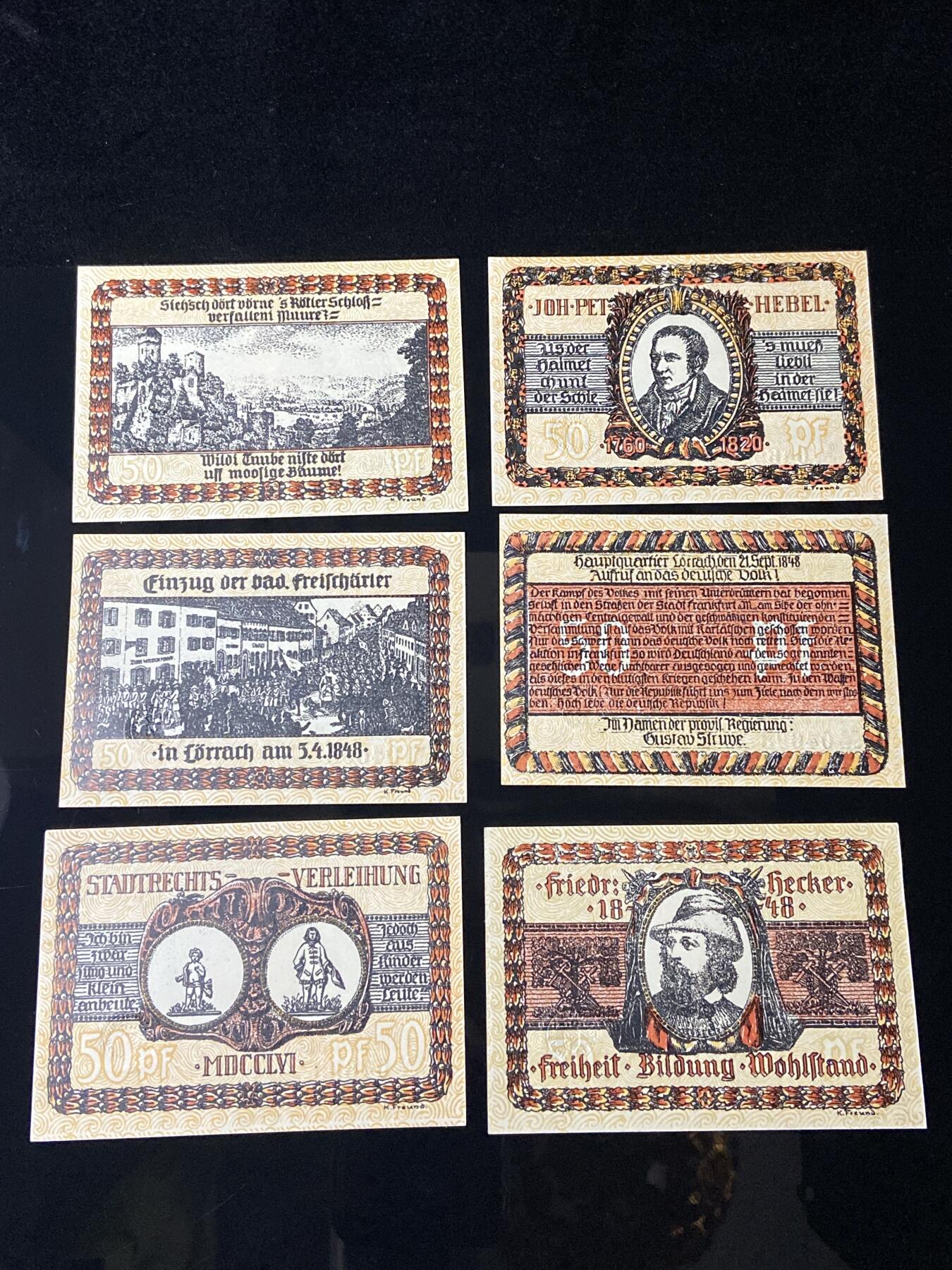 2026年第三十七场(总第二百零六场）德紧纸币特拍场(佣金3%，最低1元) 德紧纸币- 德国巴登-符腾堡州勒拉赫镇（Stadt Lörrach）50芬妮六枚套票