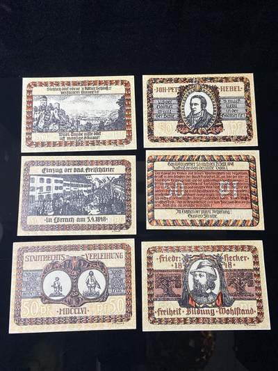 2026年第三十七场(总第二百零六场）德紧纸币特拍场(佣金3%，最低1元) - 德紧纸币- 德国巴登-符腾堡州勒拉赫镇（Stadt Lörrach）50芬妮六枚套票