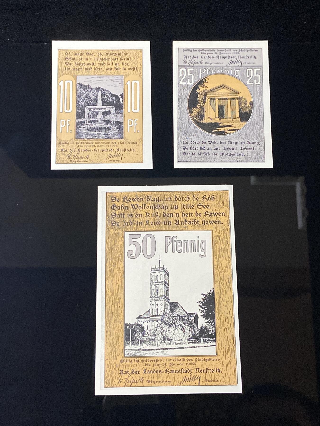 2026年第三十七场(总第二百零六场）德紧纸币特拍场(佣金3%，最低1元) 德紧纸币–德国梅克伦堡-前波美拉尼亚州新施特雷利茨州首府（Landeshauptstadt Neustrelitz）10、25、50芬妮三枚套票