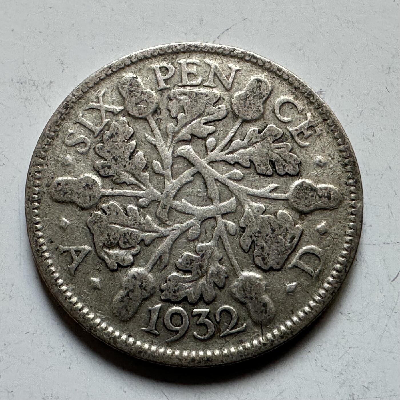 🌹外币初藏🌹🐯2026年第34场   每周二四六晚8️⃣点 接代拍 英国1932年乔治五世 6便士银币 2.83g 19.4mm 50%银