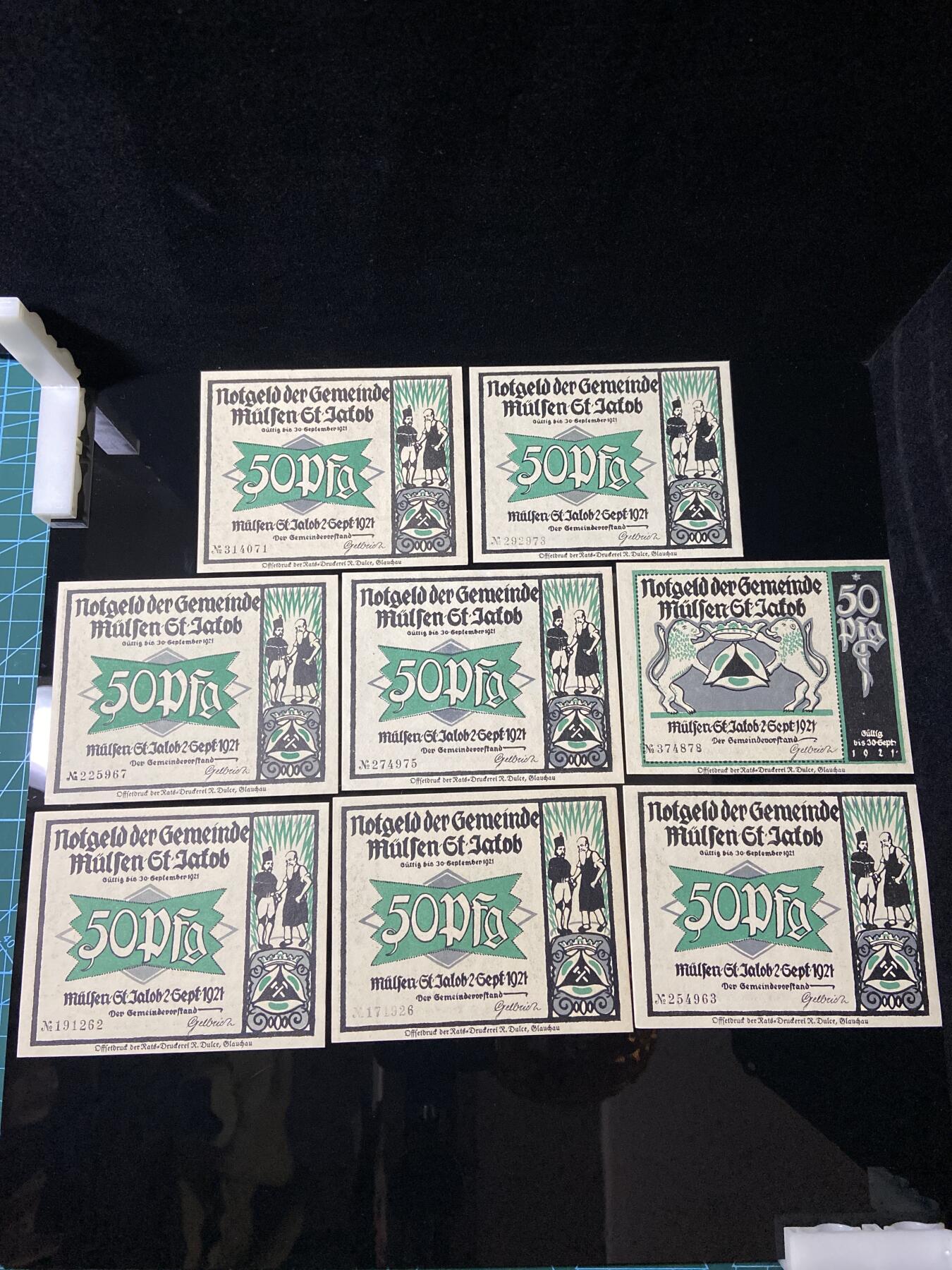 2026年第三十七场(总第二百零六场）德紧纸币特拍场(佣金3%，最低1元) 德紧纸币–德国萨克森州米尔森-圣雅各布镇（Gemeinde Mülsen-St. Jakob）50芬妮八枚套票
