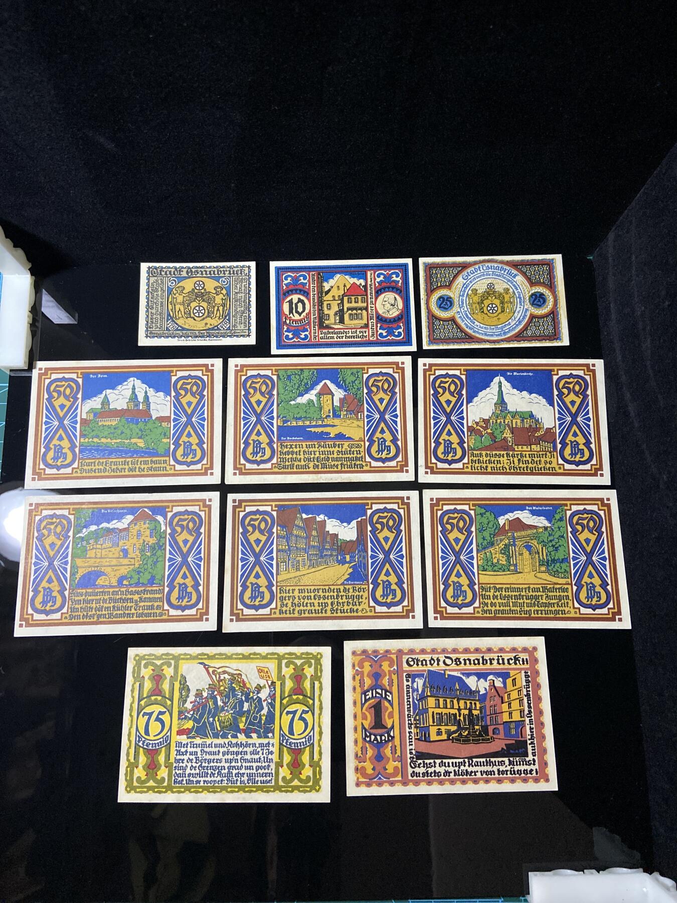 2026年第三十七场(总第二百零六场）德紧纸币特拍场(佣金3%，最低1元) 德紧纸币–德国下萨克森州奥斯纳布吕克市（Stadt Osnabrück）5、10、25、50、75芬妮，1马克十一枚套票