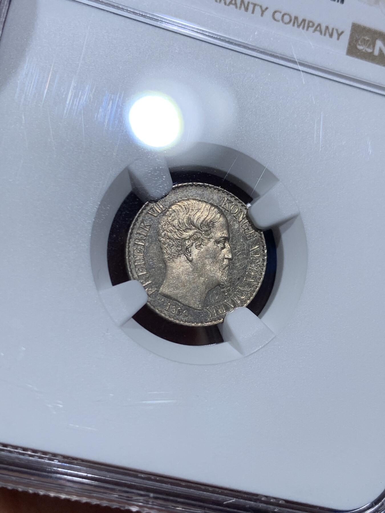 《竞宝斋》第473场 周日，周一 2场连拍 （全场包邮）欢迎送拍 NGC PL63 丹属西印度群岛 1859年  腓特烈七世 5分银币 目录标注发行量仅10枚 PL版本