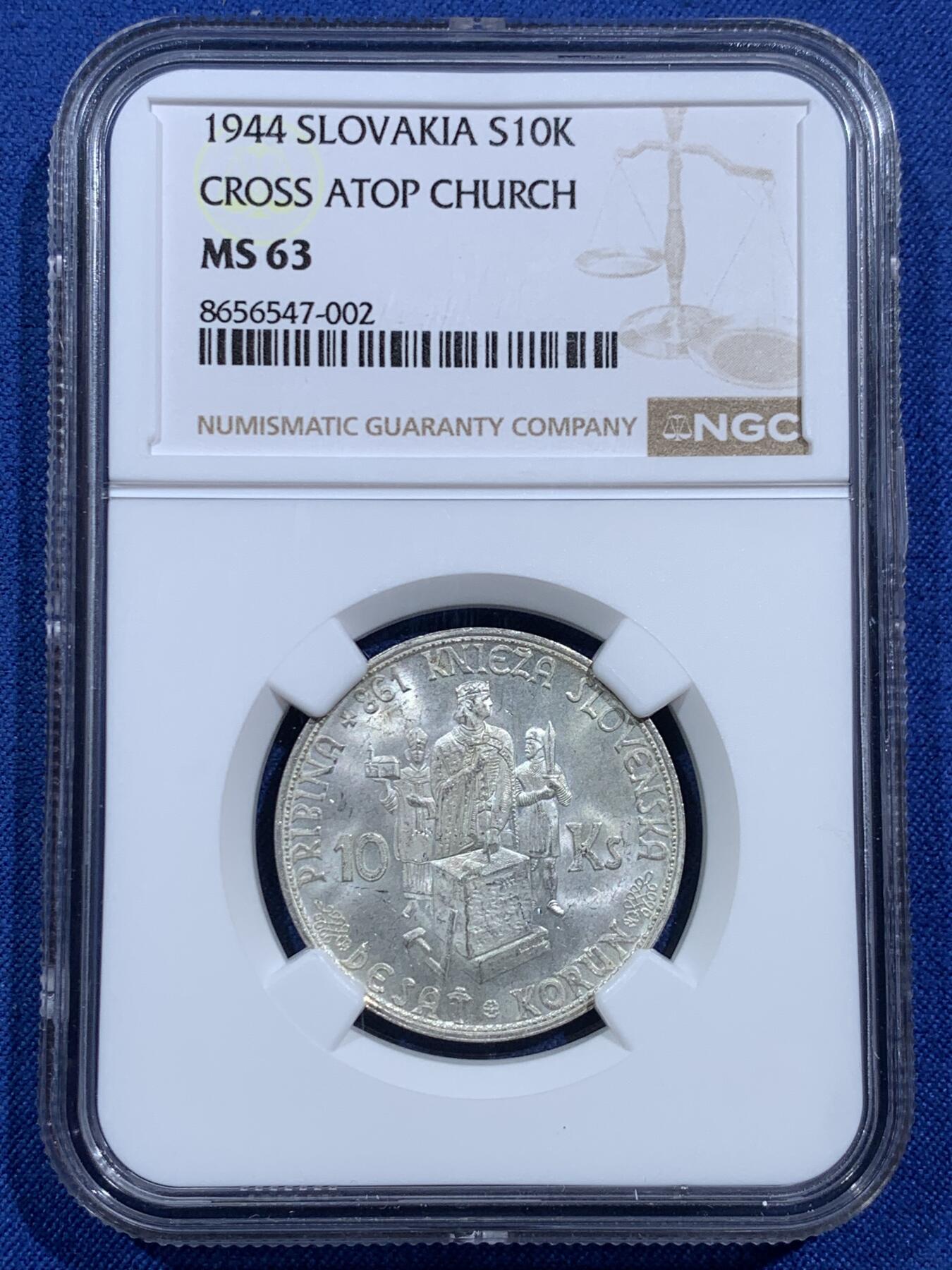 《竞宝斋》第473场 周日，周一 2场连拍 （全场包邮）欢迎送拍 NGC MS63 斯洛伐克1944年10克朗银币，极美原光好品。