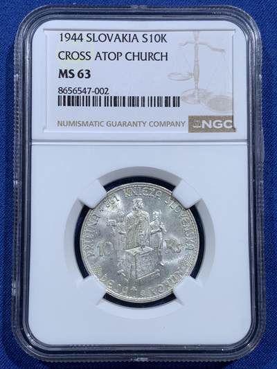 《竞宝斋》第473场 周日，周一 2场连拍 （全场包邮）欢迎送拍 - NGC MS63 斯洛伐克1944年10克朗银币，极美原光好品。