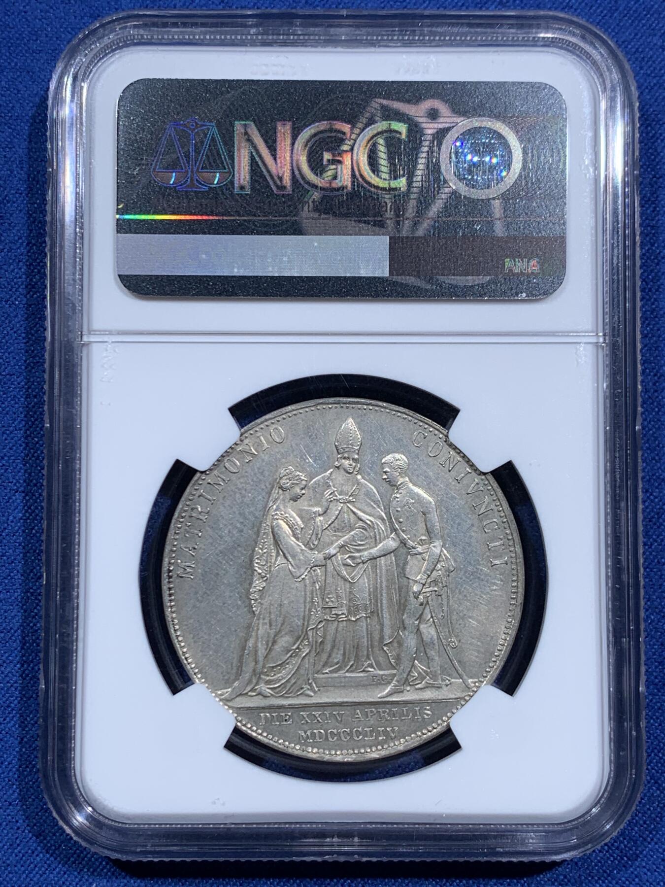 《竞宝斋》第473场 周日，周一 2场连拍 （全场包邮）欢迎送拍 NGC-MS62 奥匈帝国 奥地利 1854年 茜茜公主大婚 2盾大银币 25.9克大银币