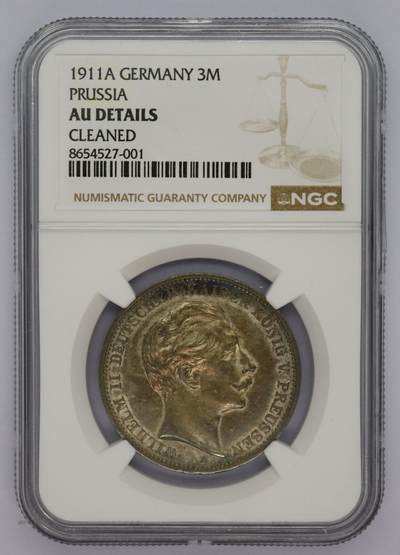 观钱 近现代机制币拍卖No.005（全场顺丰包邮，不区分偏远地区）  - 1911 年 A 版普鲁士 3 马克银币 NGC AU92