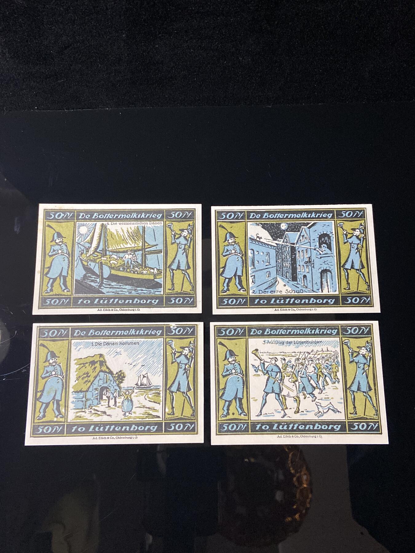 2026年第三十七场(总第二百零六场）德紧纸币特拍场(佣金3%，最低1元) 德紧纸币–德国石勒苏益格-荷尔斯泰因州吕滕堡市（Lüttenburg）50芬妮四枚套票