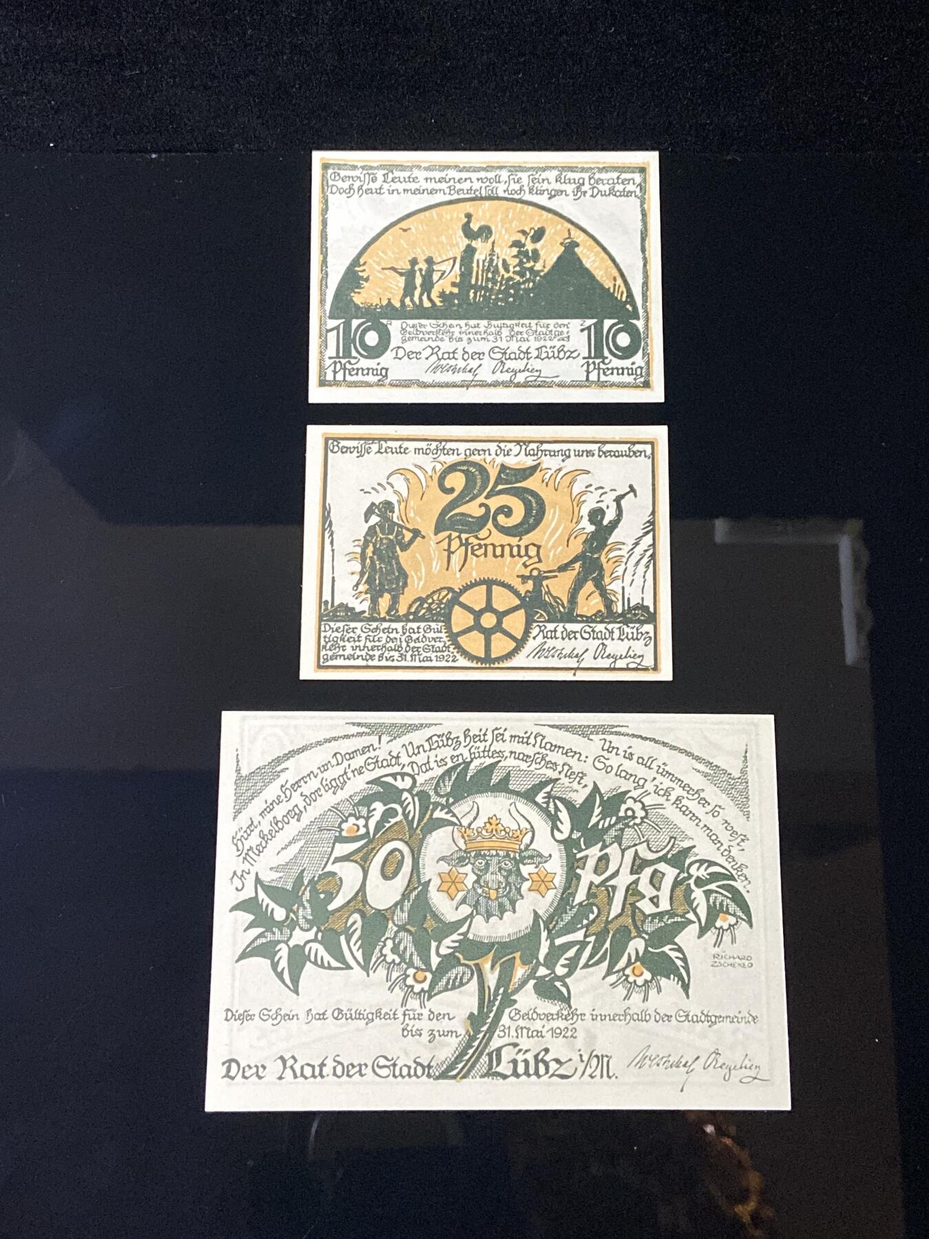 2026年第三十七场(总第二百零六场）德紧纸币特拍场(佣金3%，最低1元) 德紧纸币–德国梅克伦堡-前波美拉尼亚州吕布茨市（Stadt Lübz，标注  Lübz  为方言/旧称拼写）10、25、50芬妮三枚套票