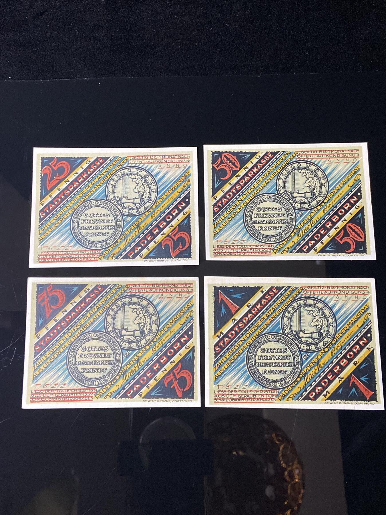 2026年第三十七场(总第二百零六场）德紧纸币特拍场(佣金3%，最低1元) 德紧纸币–德国北莱茵-威斯特法伦州帕德博恩市（Paderborn）25、50、75芬妮，1马克四枚套票