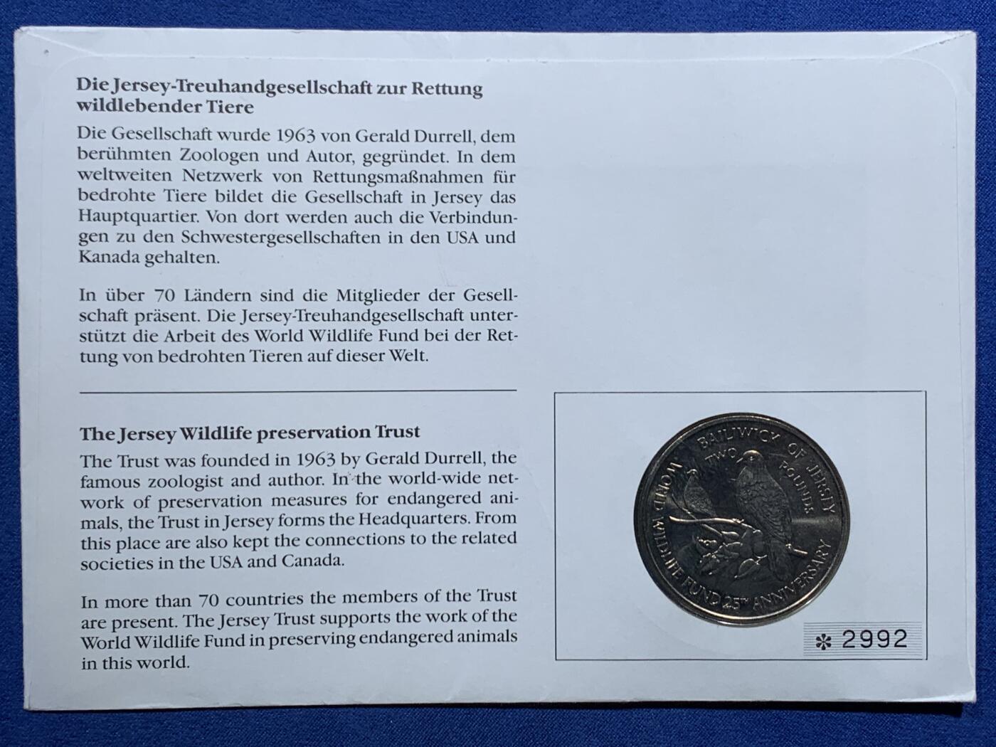 《竞宝斋》第473场 周日，周一 2场连拍 （全场包邮）欢迎送拍 泽西岛1987年世界野生动物基金会(WWF)主题邮币封 带一枚2镑纪念币