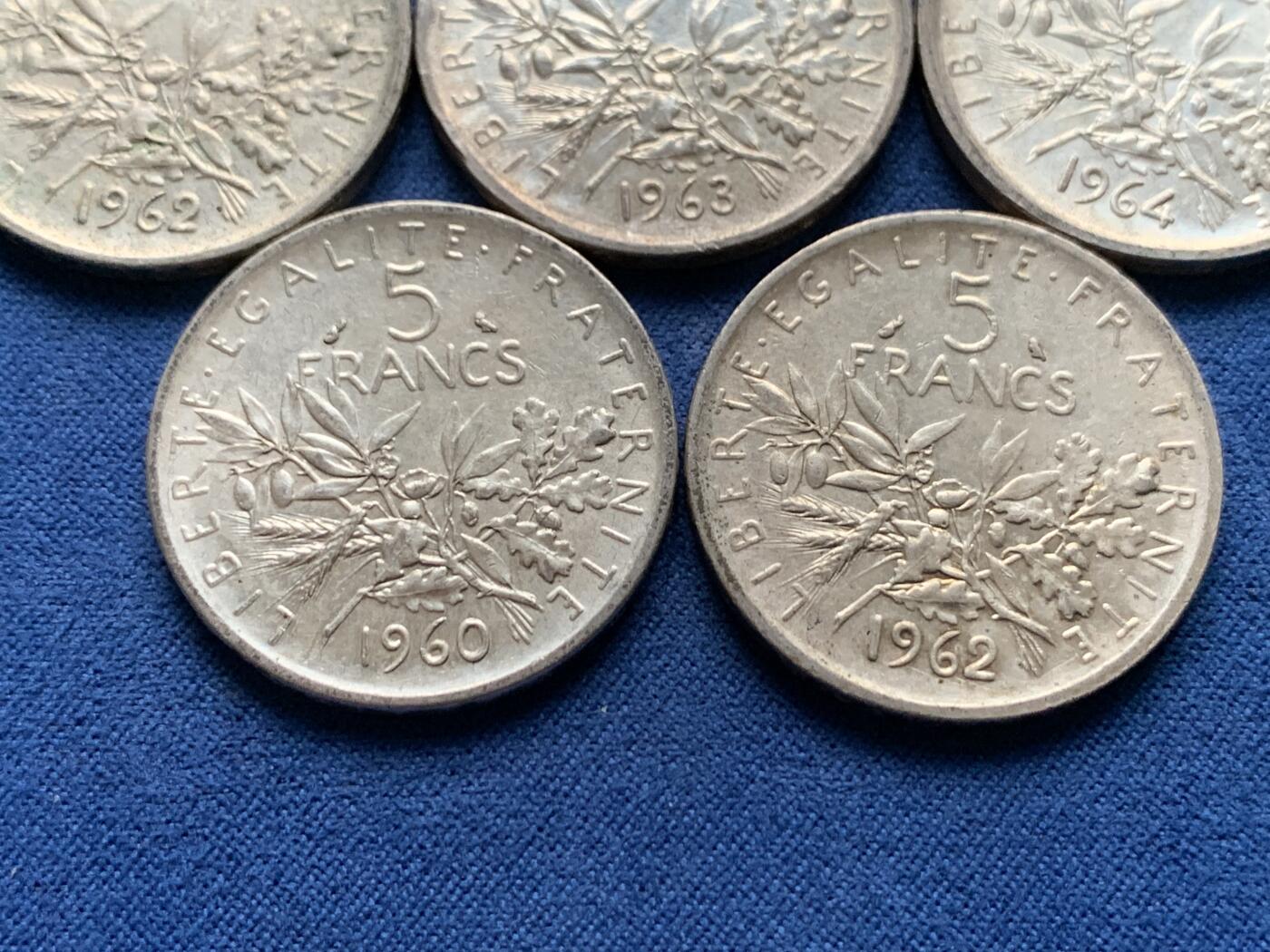 《竞宝斋》第473场 周日，周一 2场连拍 （全场包邮）欢迎送拍 五枚一组 法国播种女神5法郎银币 总重约60克