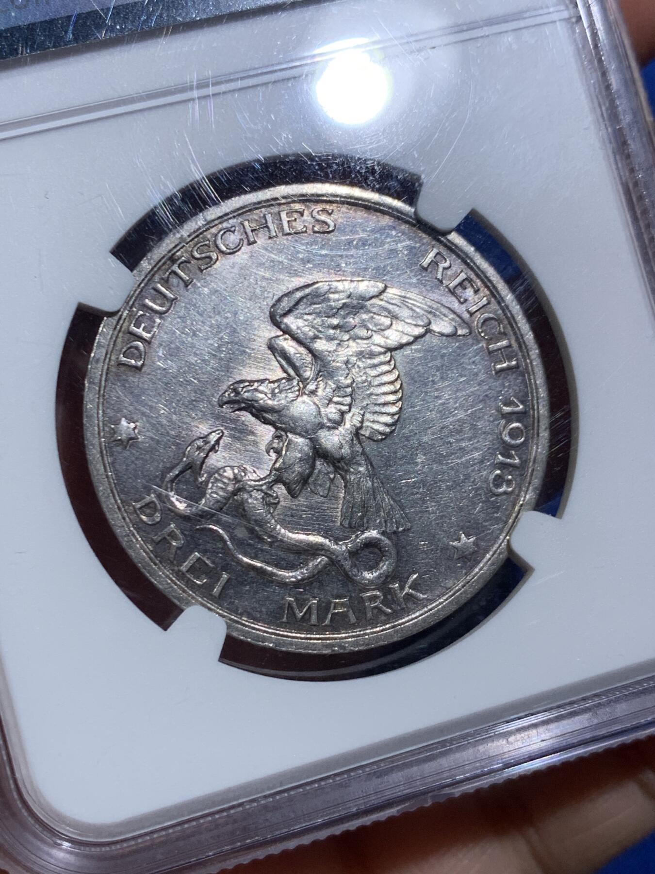 《竞宝斋》第473场 周日，周一 2场连拍 （全场包邮）欢迎送拍 NGC AUD 德国1913年拿破仑战争胜利百年3马克银币 重16.667g