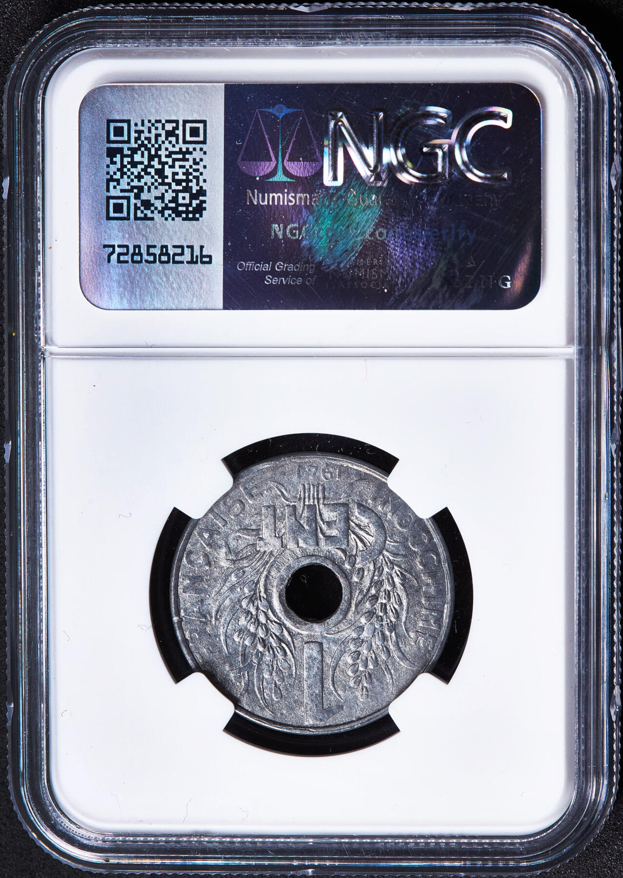 【俄甄集藏】2026年(050)04-01星期三 晚 19:30 全场包邮 法属印度支那1941年帽圈版中孔1分锌币，NGC MS63，MS状态难得