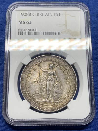 《竞宝斋》第473场 周日，周一 2场连拍 （全场包邮）欢迎送拍 - NGC MS63 英国1908年站洋银元 原味酱彩老包浆 味道状态很不错 百年老五彩醇厚包浆