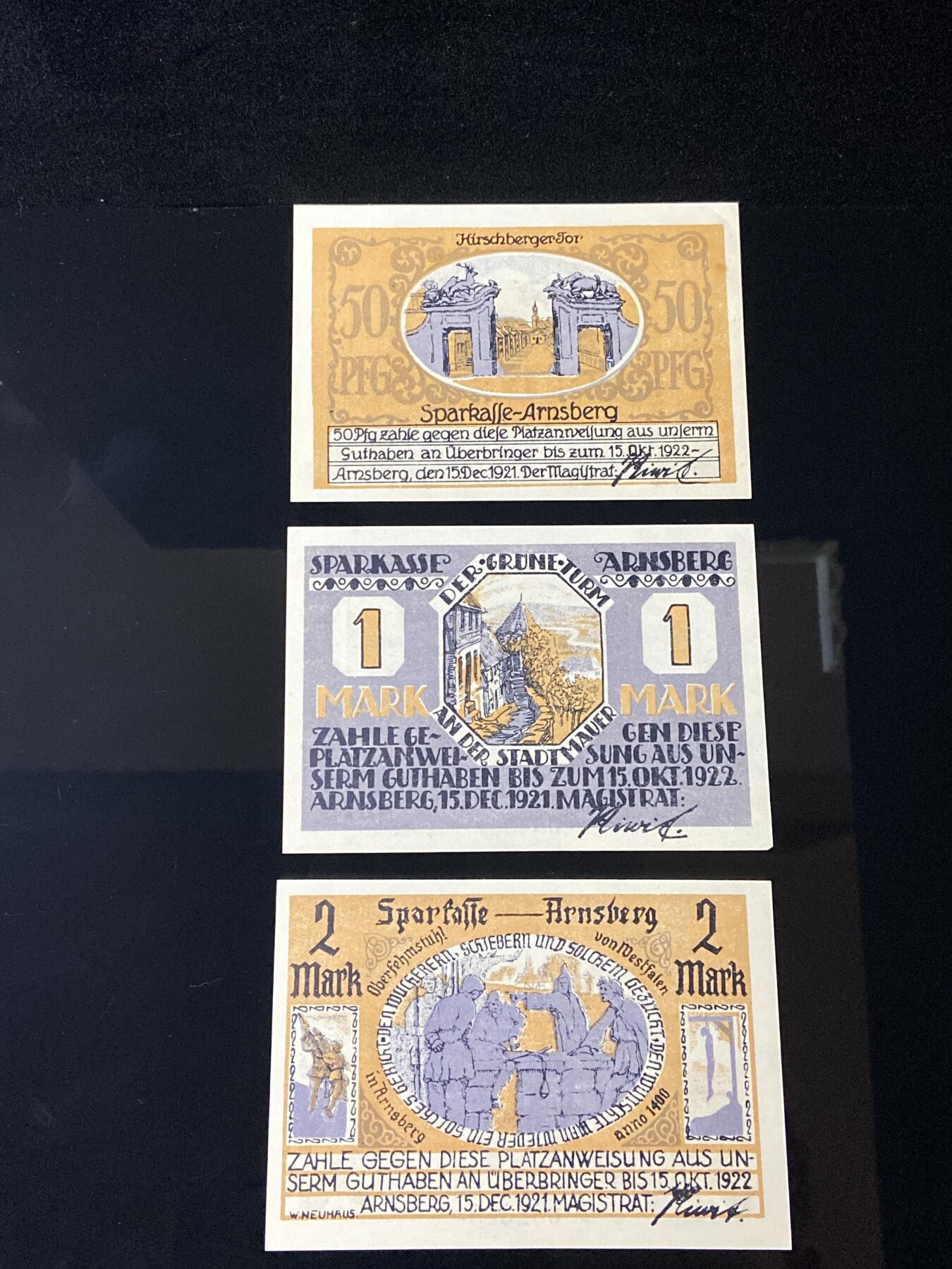 2026年第三十七场(总第二百零六场）德紧纸币特拍场(佣金3%，最低1元) 德紧纸币–德国阿尔斯费尔德（Alt-Arnsberg，今波兰阿尔恩斯堡 Arnsburg）50芬妮、1马克、2马克三枚套票