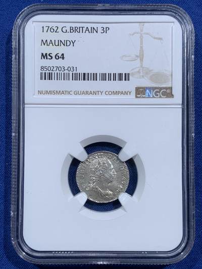 《竞宝斋》第473场 周日，周一 2场连拍 （全场包邮）欢迎送拍 - NGC MS64 英国1762年乔治三世3便士濯足币，原光，高分难得