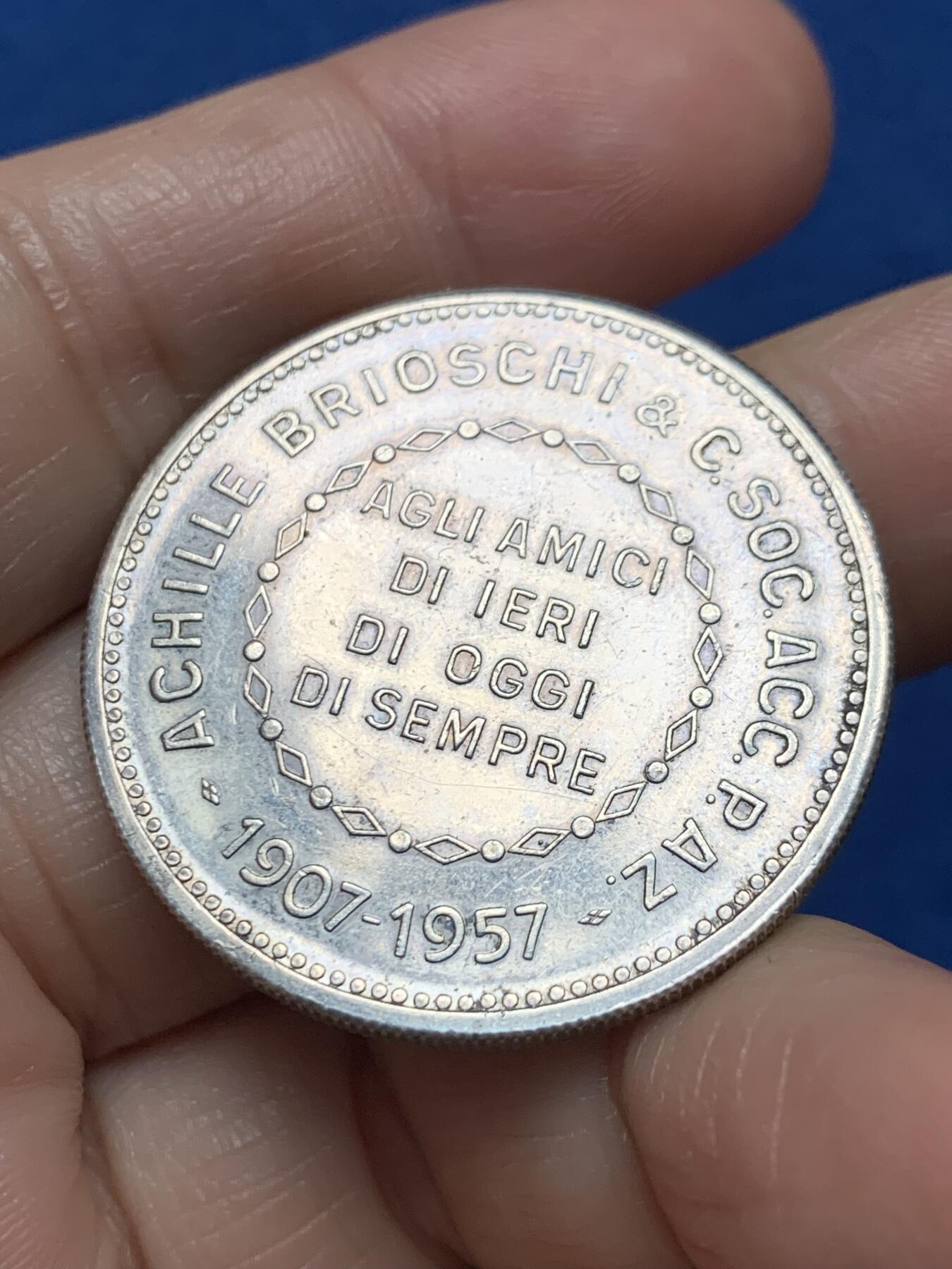 《竞宝斋》第473场 周日，周一 2场连拍 （全场包邮）欢迎送拍 意大利 1957 Achille Brioschi &C建立50周年纪念银章 35.3mm 20.15克 900银 少见