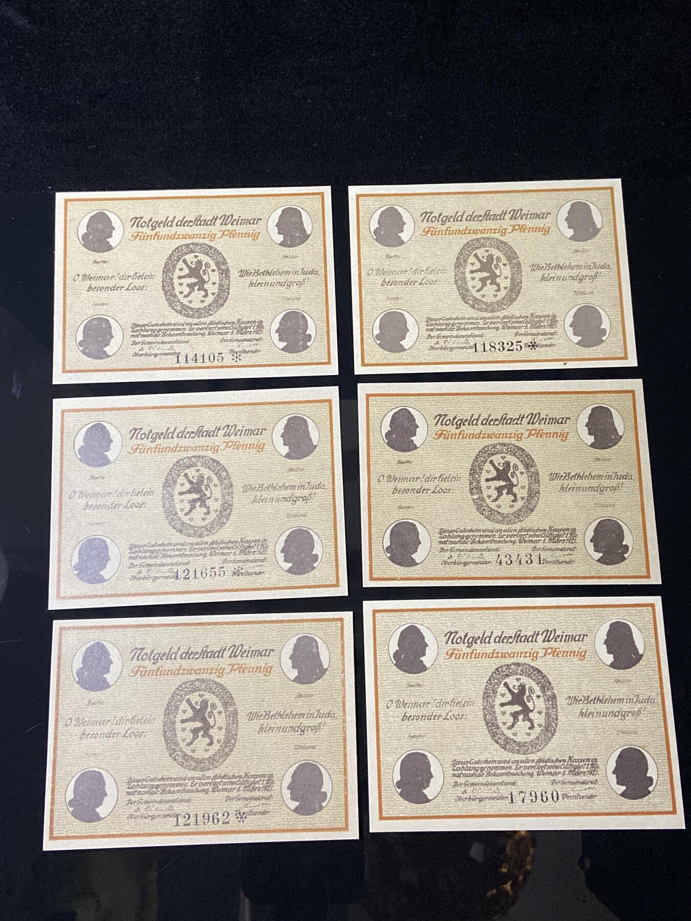 2026年第三十七场(总第二百零六场）德紧纸币特拍场(佣金3%，最低1元) 德紧纸币–德国图林根州魏玛市（Weimar）25芬妮六枚套票