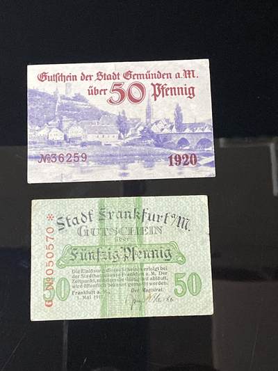 2026年第三十七场(总第二百零六场）德紧纸币特拍场(佣金3%，最低1元) - 德紧纸币–德国格明德（Gemünden）50芬妮，德国美因河畔法兰克福（Frankfurt a.M.）50芬妮