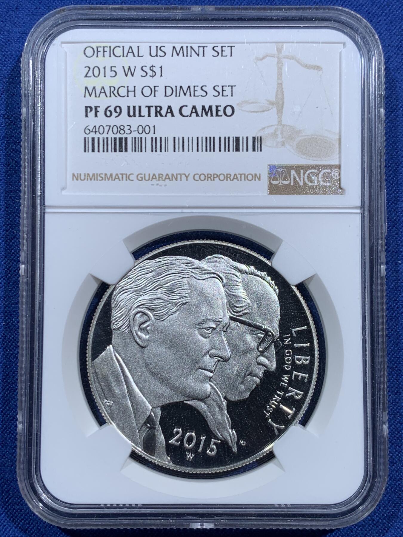 《竞宝斋》第473场 周日，周一 2场连拍 （全场包邮）欢迎送拍 NGC PF69UC 美国2015年畸形儿基金会沙克疫苗研制成功60周年，西点造币厂发行，克劳斯获奖币