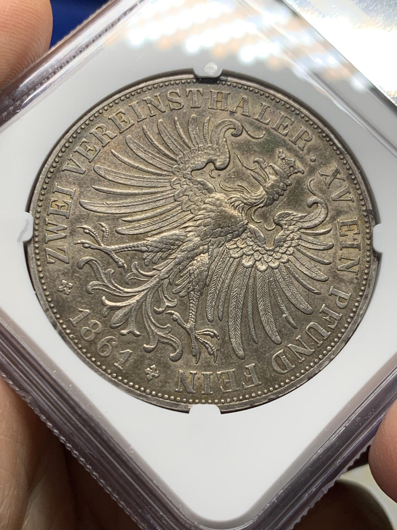 《竞宝斋》第473场 周日，周一 2场连拍 （全场包邮）欢迎送拍 NGC AUD 德国 1861年 法兰克福少女 2泰勒 银币 细节保存不错