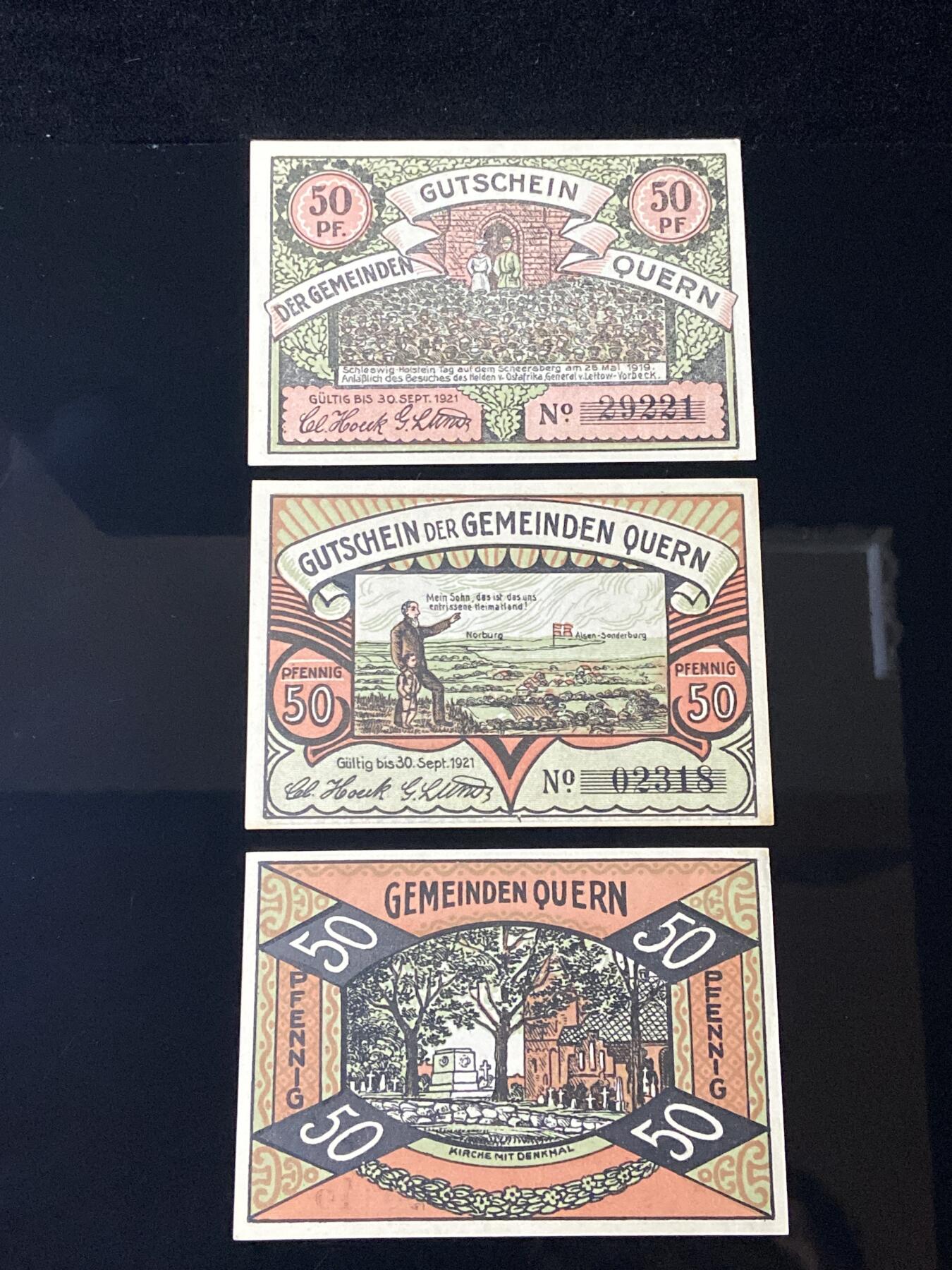 2026年第三十七场(总第二百零六场）德紧纸币特拍场(佣金3%，最低1元) 德紧纸币–德国石勒苏益格-荷尔斯泰因州奎恩乡（Gemeinden Quern）50芬妮三枚套票
