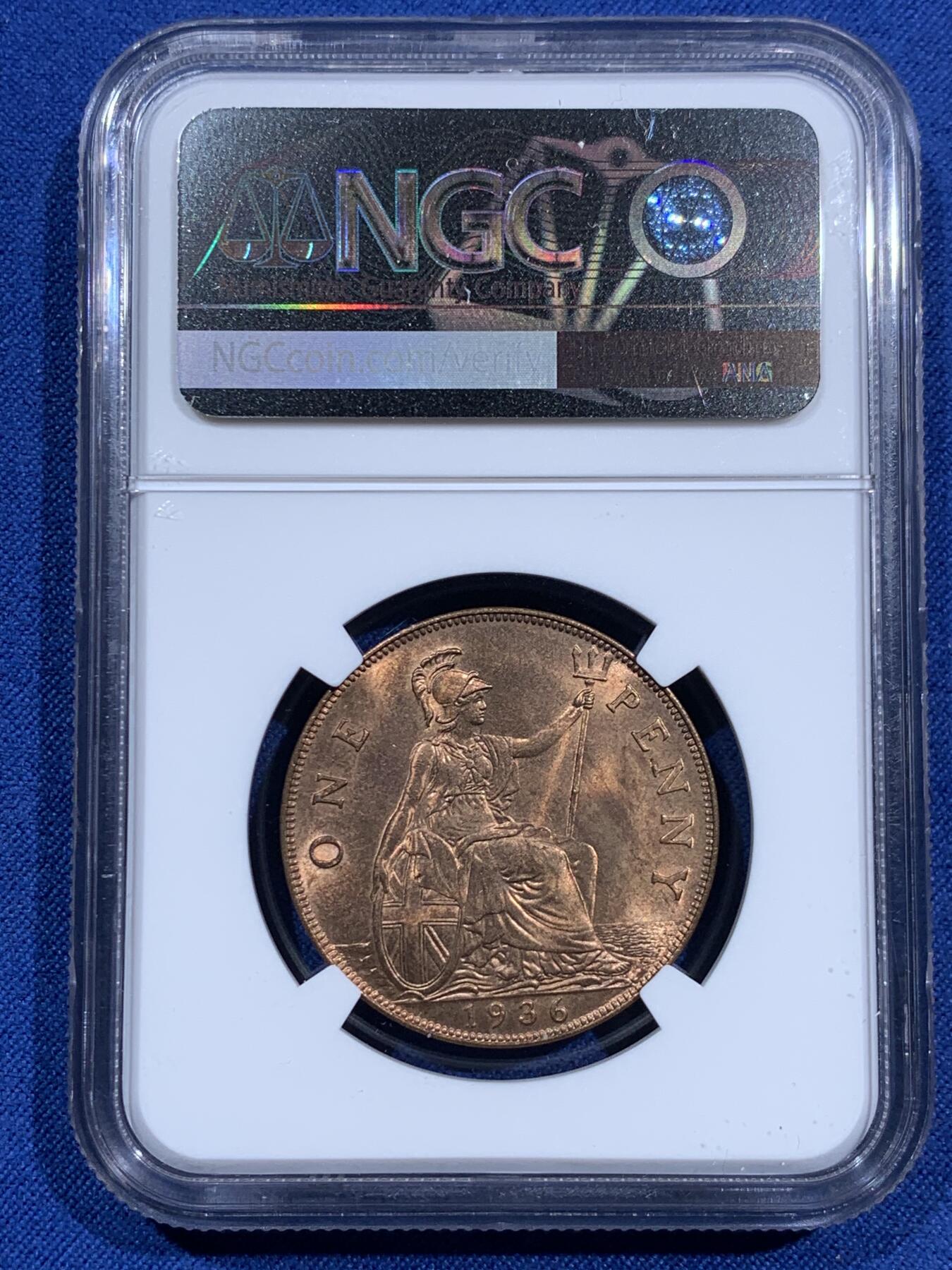 《竞宝斋》第473场 周日，周一 2场连拍 （全场包邮）欢迎送拍 NGC MS64RB 英国1936乔五1便士铜币 英系经典品种 背面为不列颠女神形象 细节光度都不错