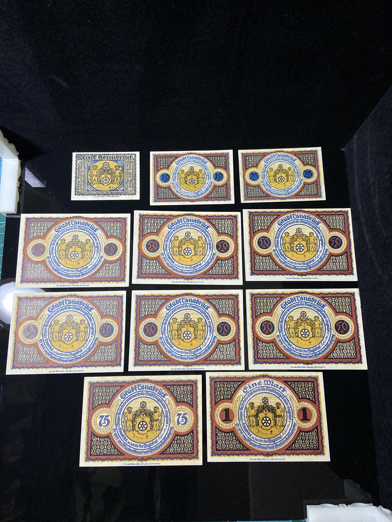 2026年第三十七场(总第二百零六场）德紧纸币特拍场(佣金3%，最低1元) 德紧纸币–德国下萨克森州奥斯纳布吕克市（Stadt Osnabrück）5、10、25、50、75芬妮，1马克十一枚套票