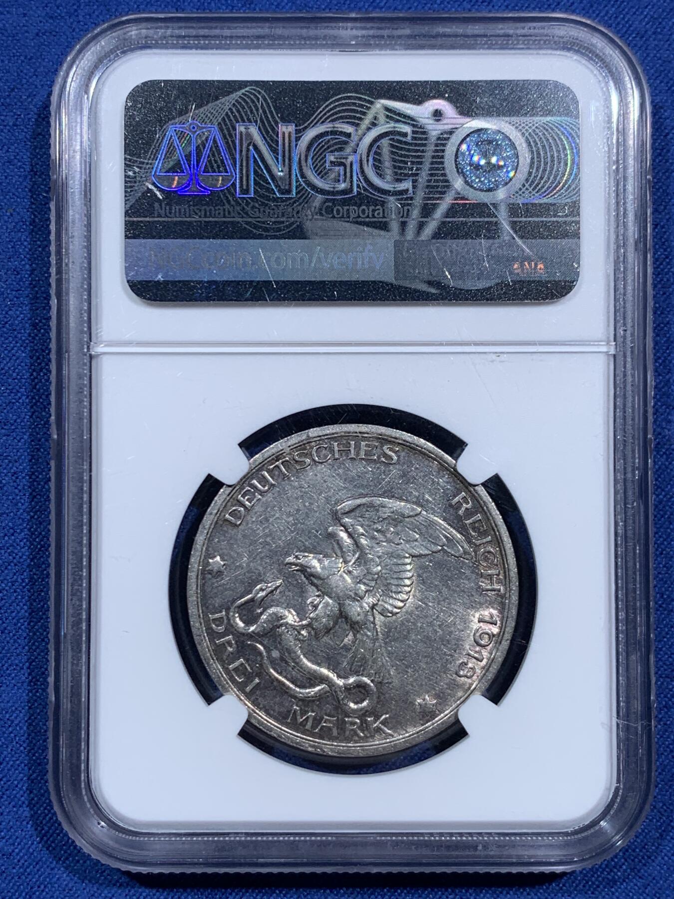 《竞宝斋》第473场 周日，周一 2场连拍 （全场包邮）欢迎送拍 NGC AUD 德国1913年拿破仑战争胜利百年3马克银币 重16.667g