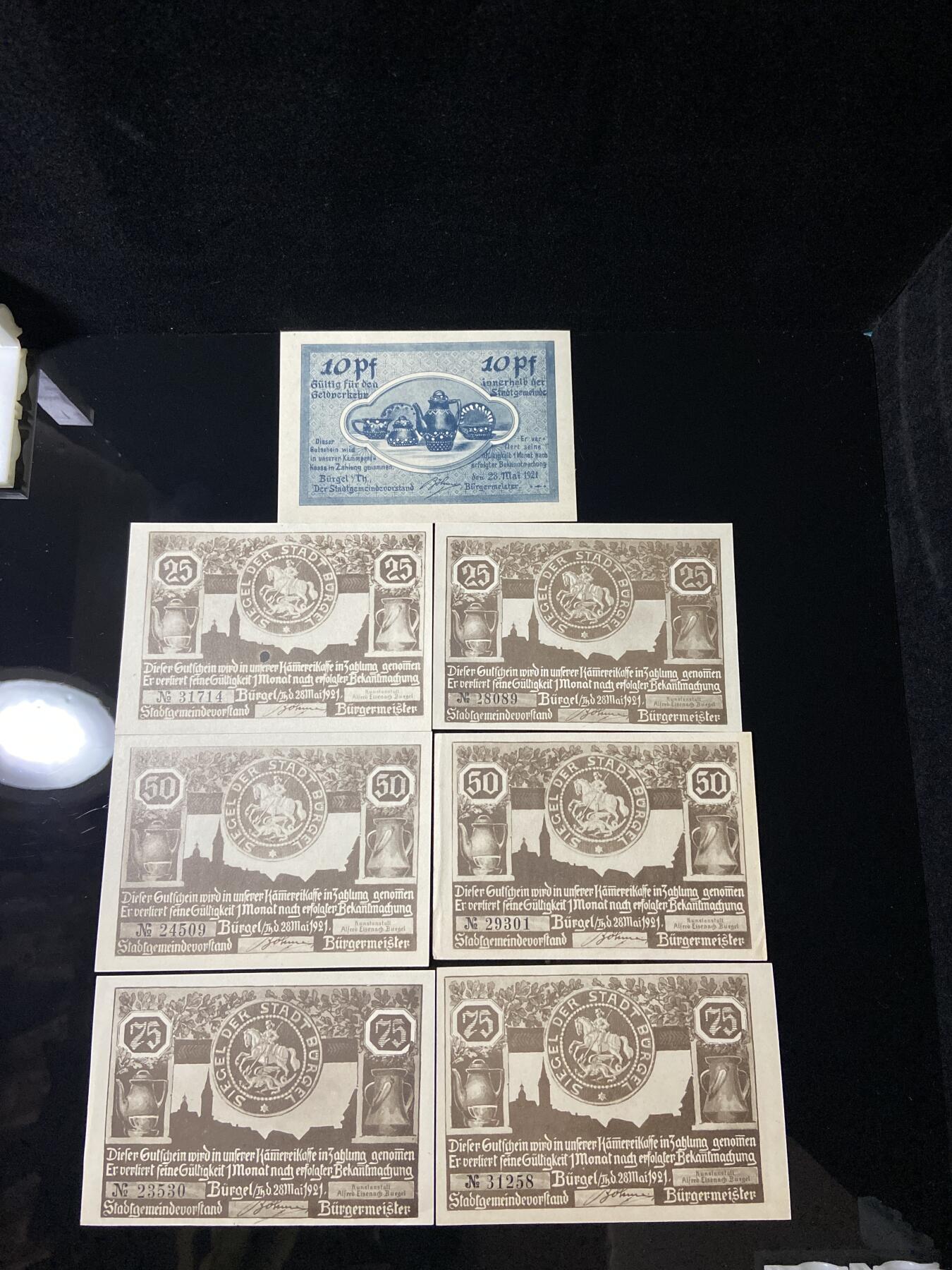 2026年第三十七场(总第二百零六场）德紧纸币特拍场(佣金3%，最低1元) 德紧纸币–德国图林根州比尔格尔市（Stadt Bürgel i. Thüringen）10、25、50、75芬妮七枚套票