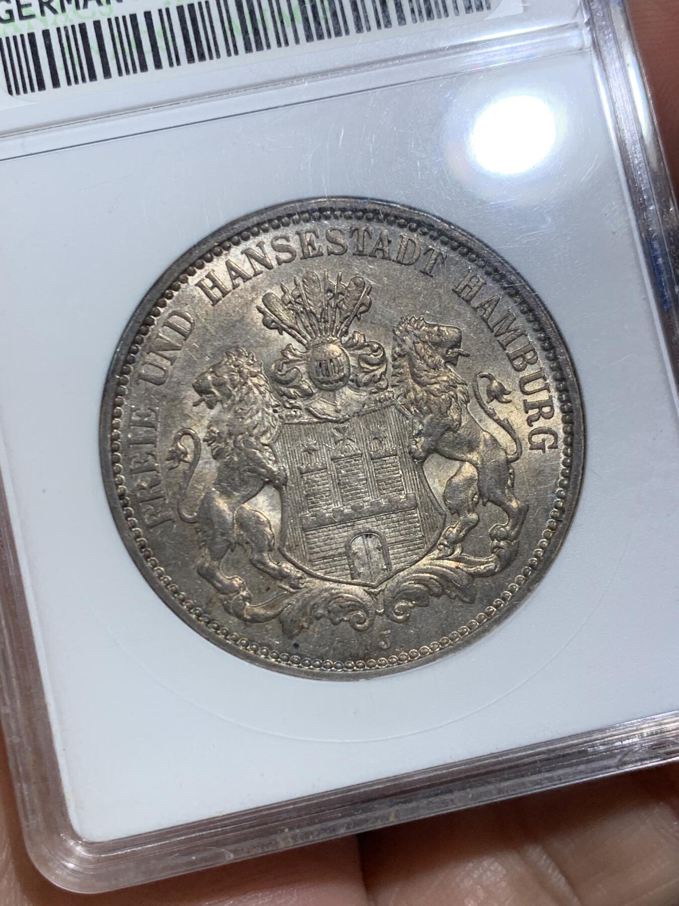 《竞宝斋》第473场 周日，周一 2场连拍 （全场包邮）欢迎送拍 ANACS MS61 德国1912年汉堡3马克 早期小白盒 原光五彩