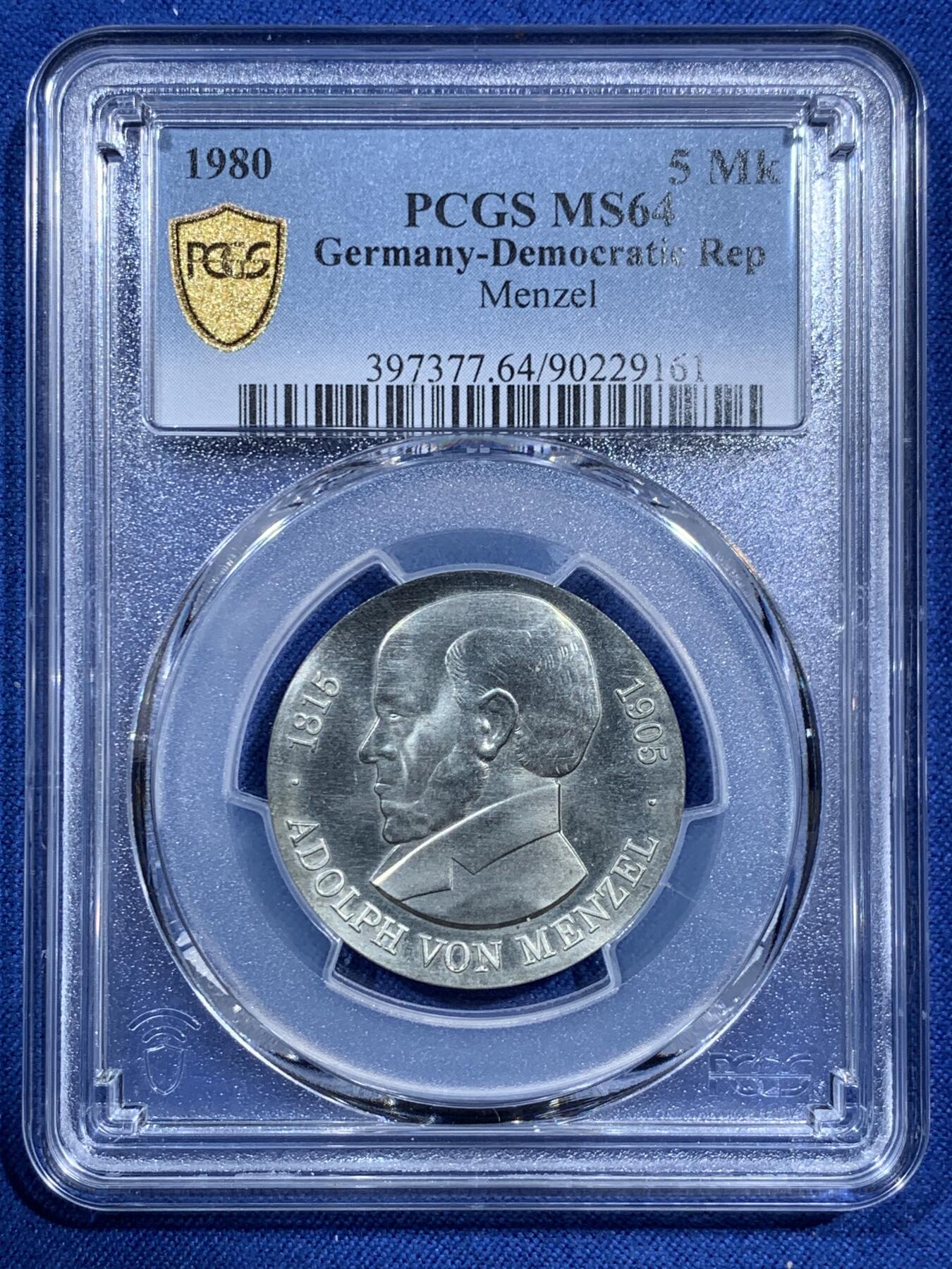 《竞宝斋》第473场 周日，周一 2场连拍 （全场包邮）欢迎送拍 PCGS MS64 东德1980年5马克纪念币 画家阿道夫·冯·门泽尔逝世75周年纪念