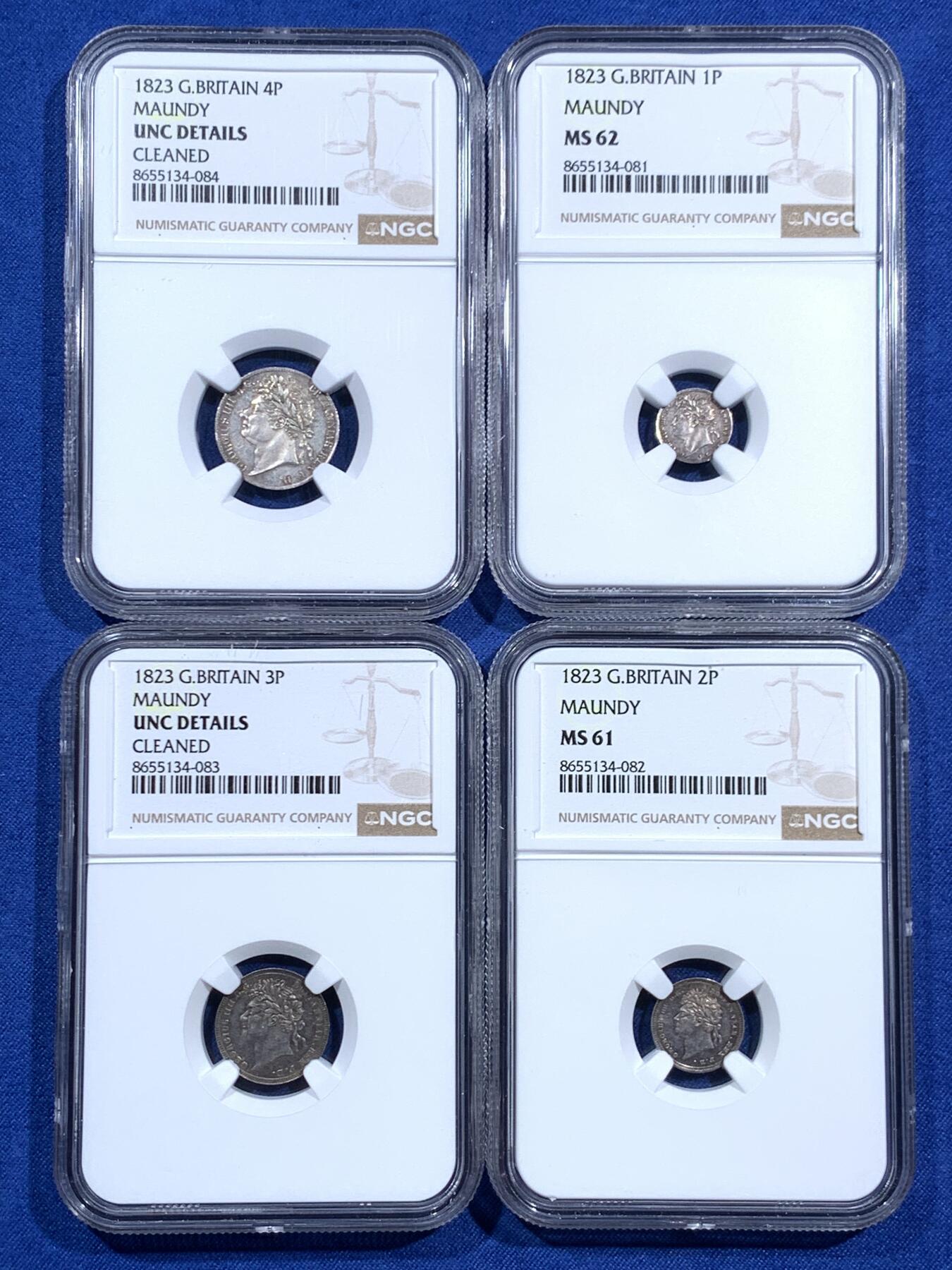 《竞宝斋》第473场 周日，周一 2场连拍 （全场包邮）欢迎送拍 四枚一组 NGC UNCD-MS62 英国1823年乔治四世濯足币 1-4便士银币