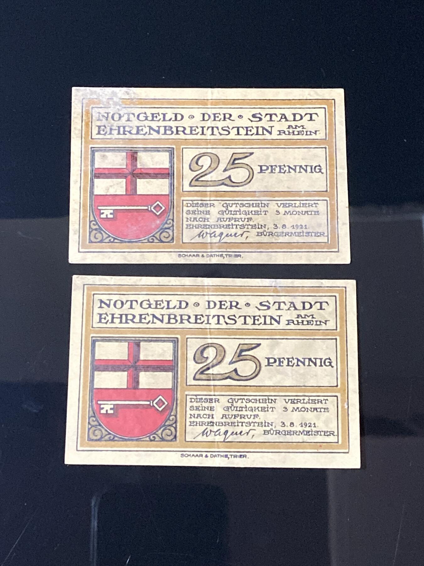 2026年第三十七场(总第二百零六场）德紧纸币特拍场(佣金3%，最低1元) 德紧纸币–德国埃伦布赖特施泰因（Ehrenbreitstein）25芬妮二枚套票