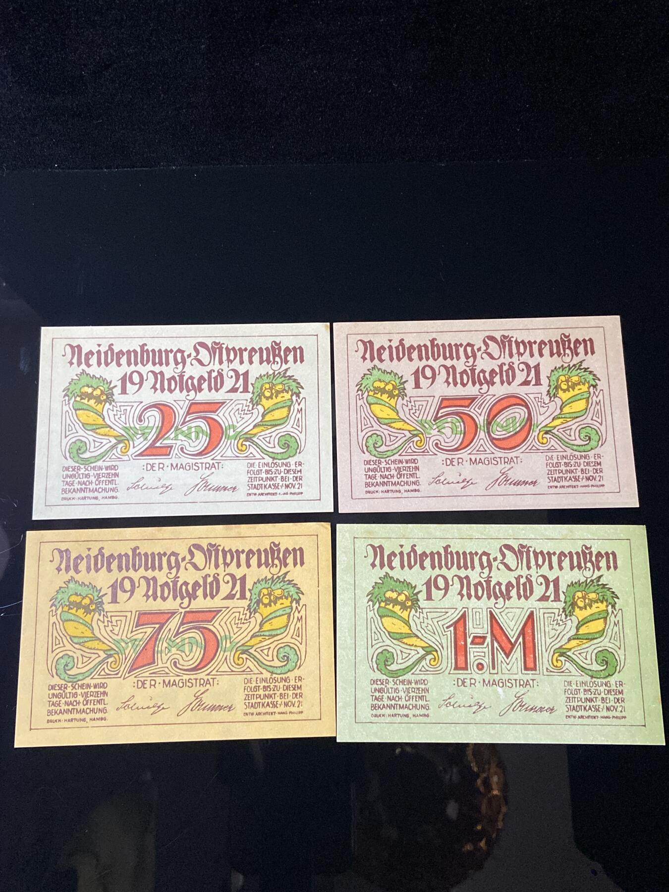 2026年第三十七场(总第二百零六场）德紧纸币特拍场(佣金3%，最低1元) 德紧纸币–德国东普鲁士内登堡市（Neidenburg，现波兰尼斯堡）25、50、75芬妮，1马克四枚套票