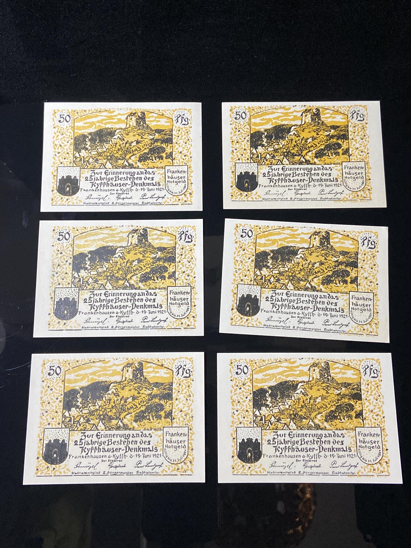 2026年第三十七场(总第二百零六场）德紧纸币特拍场(佣金3%，最低1元) 德紧纸币–德国图林根州弗兰肯豪森市（Frankenhausen a. Kyffh.）50芬妮六枚套票