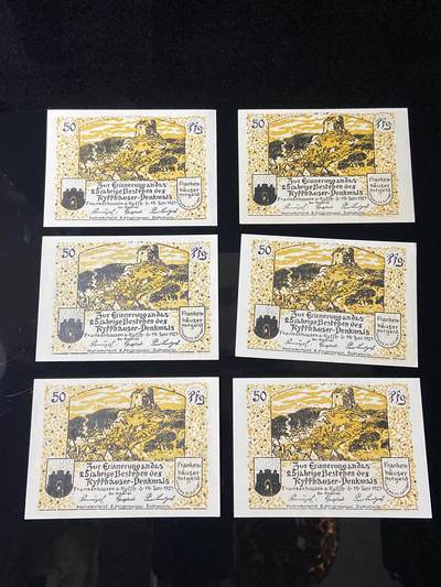 2026年第三十七场(总第二百零六场）德紧纸币特拍场(佣金3%，最低1元) - 德紧纸币–德国图林根州弗兰肯豪森市（Frankenhausen a. Kyffh.）50芬妮六枚套票