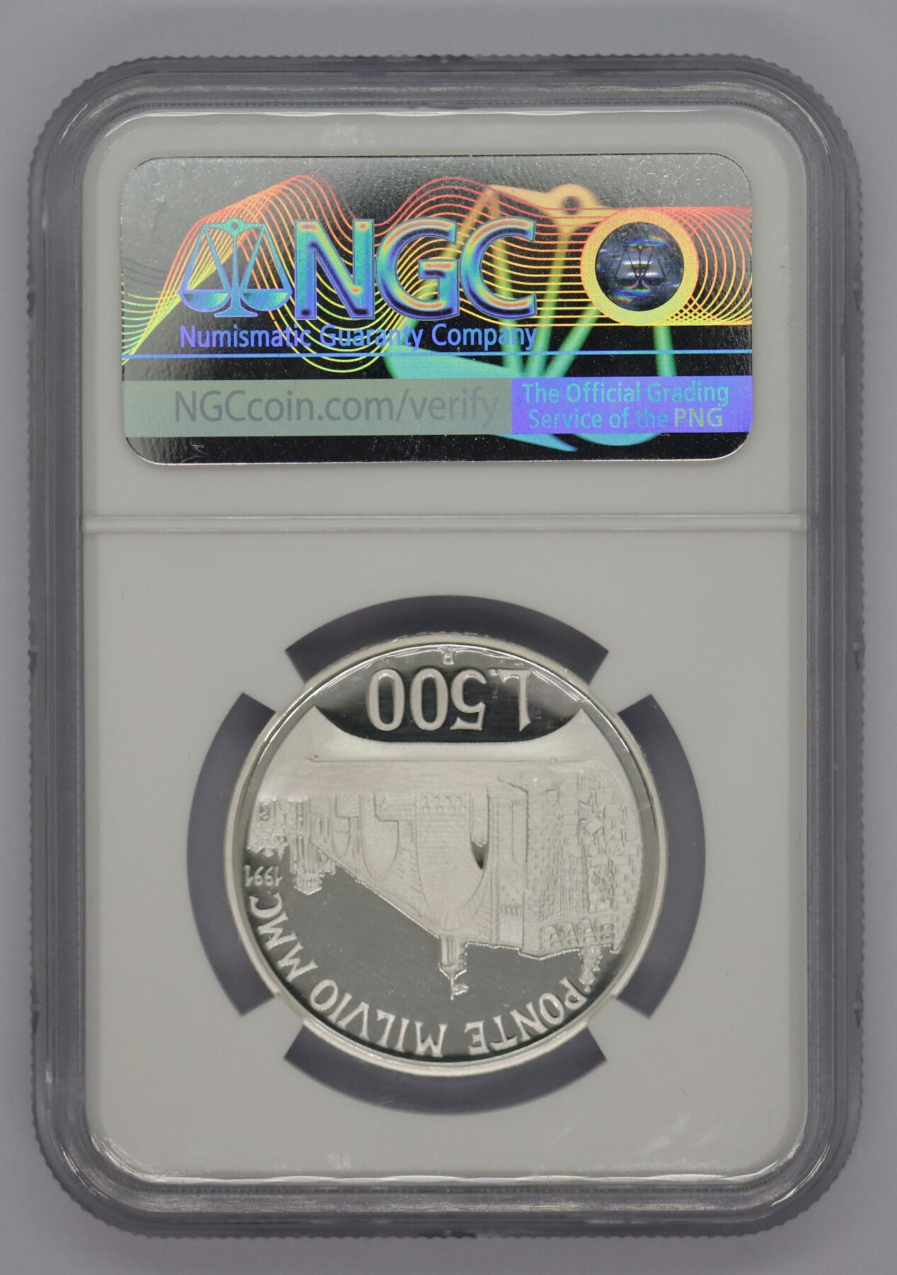 观钱 近现代机制币拍卖No.005（全场顺丰包邮，不区分偏远地区）  1991 年意大利 500 里拉米尔维奥桥纪念银币 NGC   PF 64 Ultra Cameo