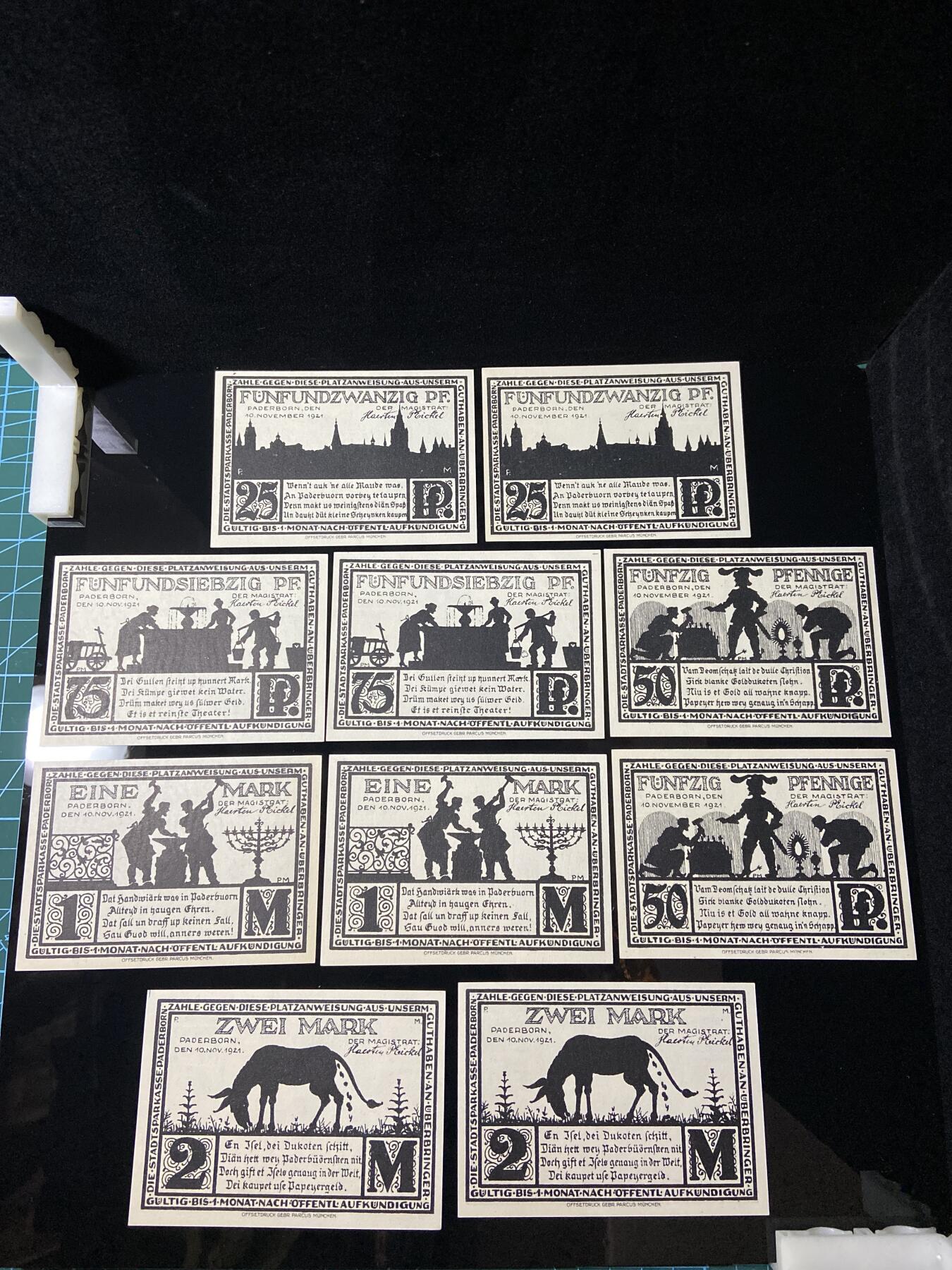 2026年第三十七场(总第二百零六场）德紧纸币特拍场(佣金3%，最低1元) 德紧纸币–德国北莱茵-威斯特法伦州帕德博恩市（Paderborn）25、50、75芬妮，1、2马克十枚套票